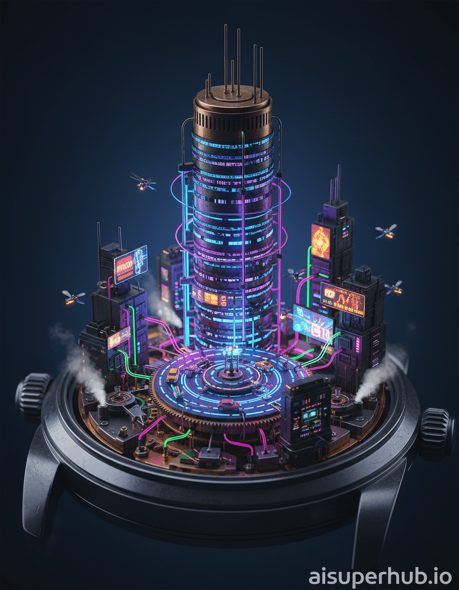 Create a hyper-realistic macro photograph depicting a miniature cyberpunk cityscape intricately built within the exposed gears of a vintage mechanical watch for the Accessories shots. The mainspring barrel becomes a towering, neon-pulsing skyscraper. Balance wheel transforms into a bustling, multi-tiered circular plaza with microscopic vehicles. Luminescent wires connect gear-teeth 'buildings', forming a vibrant metropolis. Details to include: Micro-LED holographic ads, tiny futuristic drones between structures, etched circuitry roads, and steam vents from escapement mechanisms. A softly blurred, deep indigo void forms the backdrop, emphasizing the vibrant, contained world. Subtle city light reflections glow on the polished metallic watch case, hinting at its larger presence. Dynamic, high-contrast chiaroscuro lighting from the cityscape, with harsh neon glows and sharp shadows, evokes wonder and melancholic isolation. Light accentuates every detail, creating pulsating energy. Cyberpunk palette: deep blues, electric purples, vibrant fuchsia, neon greens, and stark metallic greys, with fiery orange/yellow bursts from 'billboard' lights. The mood is breathtaking miniature complexity, blending nostalgic mechanics with futuristic vibrancy. Ultra-detailed, photo-realistic, cinematic, neo-futuristic, steampunk-cyberpunk fusion, impossible perspective, 8k, award-winning photography, trending on ArtStation, with overlay text 'aisuperhub.io' at the bottom.