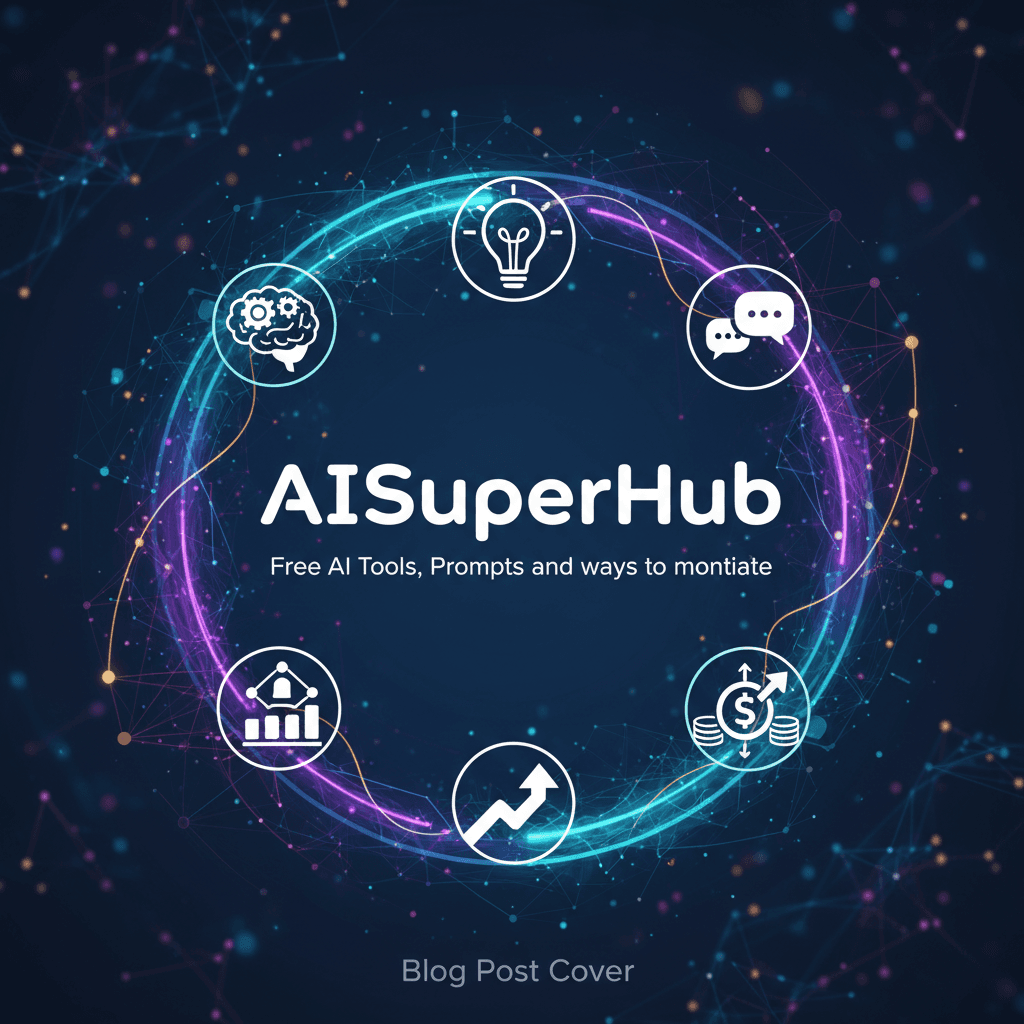 a beautiful infographic for a bllog post cover page featuring text "AISuperHub: Free AI Tools, Prompts and ways to monetize"