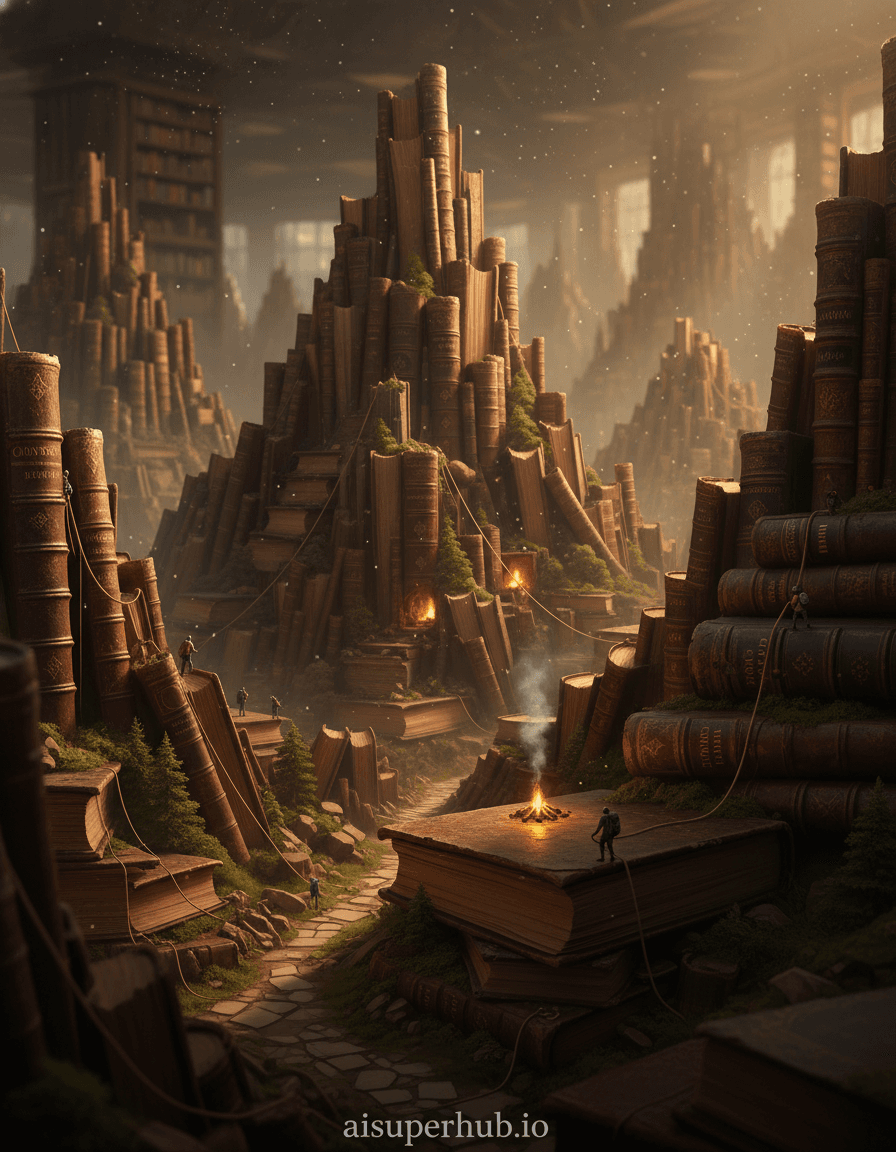 Create a hyper-realistic panoramic photograph depicting a 'Bibliotheca Alpina' for the Product Ad Prompt. A breathtaking vista unfolds, revealing towering peaks and deep valleys intricately sculpted from countless antique books. Tiny, intrepid explorers, no larger than dust mites, can be seen traversing the worn leather spines and parchment cliffs, their headlamps casting miniature beams across the vast literary landscape. Details to include: Miniature ropes and grappling hooks clinging to embossed titles; Moss and microscopic lichen growing in the crevices between book pages; Faint, golden glows emanating from within 'caves' formed by open book pages; Dust motes shimmering like stars in the expansive 'sky' above; A tiny, almost imperceptible campfire flickering on a 'plateau' made of a particularly large tome. The scene extends into an unfathomable distance, where the book-mountains fade into a soft, ethereal mist. The 'sky' above is a cavernous, dimly lit space, suggesting a grand, forgotten library stretching to infinity, with faint outlines of massive, unseen bookshelves in the deepest background. The air is thick with the implied scent of aged paper and wisdom. Dramatic, low-key lighting filters in from an unseen source high above, creating deep shadows and stark highlights that emphasize the textures of the book covers and pages. A soft, warm glow permeates the air, suggesting the lingering magic of stories, evoking a sense of wonder and profound discovery. Rich sepia tones, deep crimson leathers, antique golds, parchment creams, and muted greens for the moss, all subtly illuminated by warm amber and golden light. A sense of awe-inspiring grandeur, quiet adventure, and timeless wisdom pervades this forgotten world. Epic fantasy realism, hyperdetailed macro photography, cinematic, intricate world-building, chiaroscuro lighting, subtle magical realism. overlay text 'aisuperhub.io' at the bottom.
