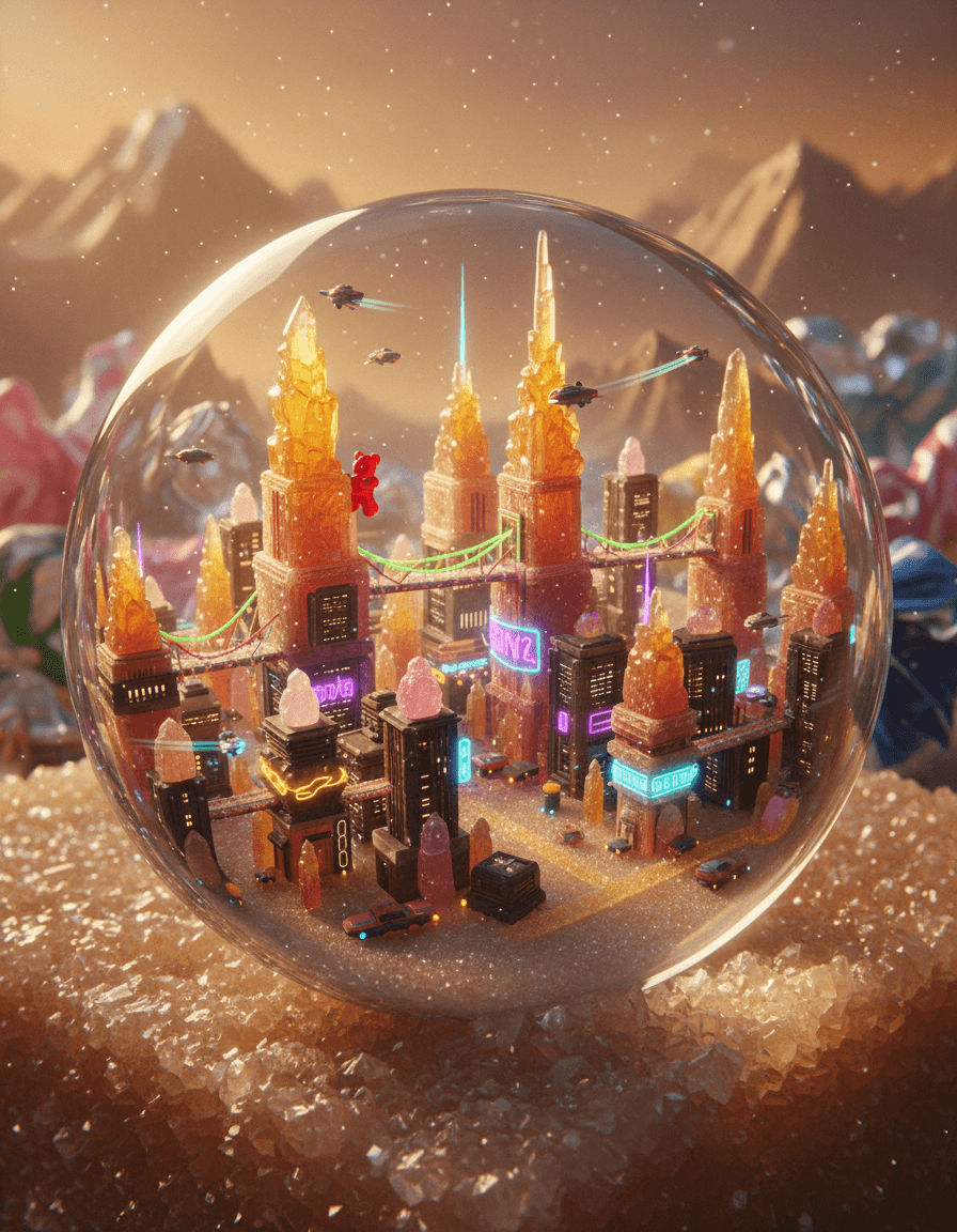 Create a hyper-realistic extreme close-up macro photograph depicting a bustling cyberpunk metropolis intricately sculpted from translucent rock candy crystals and glowing hard candies, seen through a droplet of dew. The sprawling cityscape features towering skyscrapers made of jagged rock candy spires, interconnected by luminous licorice bridges. Tiny, glowing candy cars and airships navigate the sweet skyline, creating trails of light.Details to include: Individual sugar crystals sparkling on the building facades, catching brilliant refractions of light. Miniature, glowing LED-like accents within the hard candy "windows" and "neon signs" of the candy metropolis. Distorted reflections of minuscule, distant streetlights on the smooth, polished surfaces of the candy structures. A minuscule, almost imperceptible gummy bear figure clinging to and scaling one of the tallest sugar crystal towers. Fine sugar dust motes suspended in the air, illuminated by the light source, creating a hazy, ethereal atmosphere.The candy city rests upon a vast, subtly textured surface that resembles a giant, slightly damp, crystallized sugar cube, its facets glinting. In the soft-focus distance, blurred candy wrappers, crinkled foils, and discarded sweet packaging form a mountainous, ethereal horizon, subtly hinting at the larger world from which these confectionary elements originated. A single, perfectly formed dewdrop acts as a natural lens, magnifying and slightly distorting the sweet cityscape, drawing the viewer deeper into its miniature wonders.Backlit by a warm, golden-orange glow mimicking a sunset, casting long, sharp shadows through the candy canyons and illuminating the translucent structures from within. The light should be soft yet dramatic, creating a profound sense of wonder and magical realism.The color palette is predominantly translucent yellows, vibrant oranges, and soft pinks from the rock candy and hard candy structures, contrasted with electric blues, neon purples, and luminous greens for the glowing accents. The background elements feature subtle pastels and muted tones to enhance depth.A magical, awe-inspiring, and slightly nostalgic atmosphere of a forgotten, bustling miniature world.Hyperrealism, cinematic, fantasy art, extreme macro photography, shallow depth of field, razor-sharp focus on the cityscape, intricate textural detail, photorealistic render, high dynamic range.aisuperhub.io
