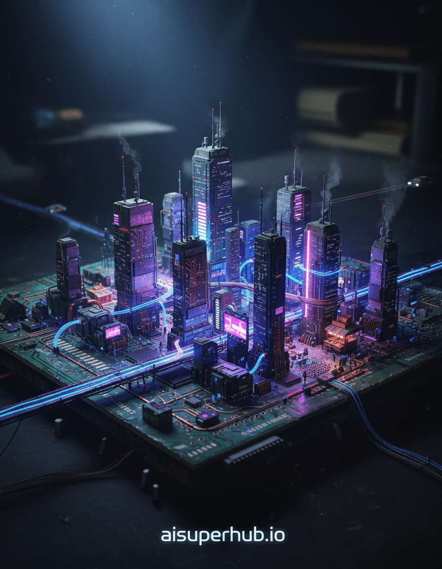 Create a hyper-realistic digital painting depicting a sprawling cyberpunk city for the Macro art. A vast, intricate cityscape emerges from the copper traces and solder joints of a weathered, green circuit board. Miniaturized skyscrapers, glowing with neon, pierce the air, interconnected by energy bridges and hover-vehicle pathways that snake across the board's surface. Tiny, almost imperceptible figures move within the city, their lives unfolding on this metallic landscape. Details to include: Microscopic fiber optic cables forming glowing data streams between buildings. A miniature ramen stand smoking gently from a minuscule LED light source. Tiny hover-taxis leaving faint, ethereal trails of light. Intricate ventilation shafts built from salvaged resistor components. A 'holographic' billboard projecting advertisements no bigger than a grain of sand. The circuit board itself is ancient, showing signs of wear and tear, with faded markings and a few tarnished components, providing a stark, analog contrast to the futuristic metropolis it hosts. The surrounding area is a soft, deep blur of dark workshop shadows, hinting at a larger, dimly lit space where this unique artifact resides, creating a sense of isolation and wonder for this hidden world. Dynamic and dramatic lighting, dominated by electric blues, vibrant purples, and hot pink neon glows emanating from the city itself, casting sharp, elongated shadows across the circuit board's topography. The overall effect is moody and atmospheric, evoking a sense of high-tech mystery and hidden energy. Color palette: Deep indigos, electric blues, neon pinks, vibrant purples, accented by flashes of metallic silver and copper from the circuit board, with a touch of grimy yellows and greens from aged components. Mood/atmosphere: A captivating blend of futuristic awe, intricate wonder, and nostalgic decay. Style summary: Hyper-realistic, cyberpunk art, macro photography aesthetic, highly detailed, photorealistic render, digital painting, industrial fantasy, with overlay text 'aisuperhub.io' at the bottom.