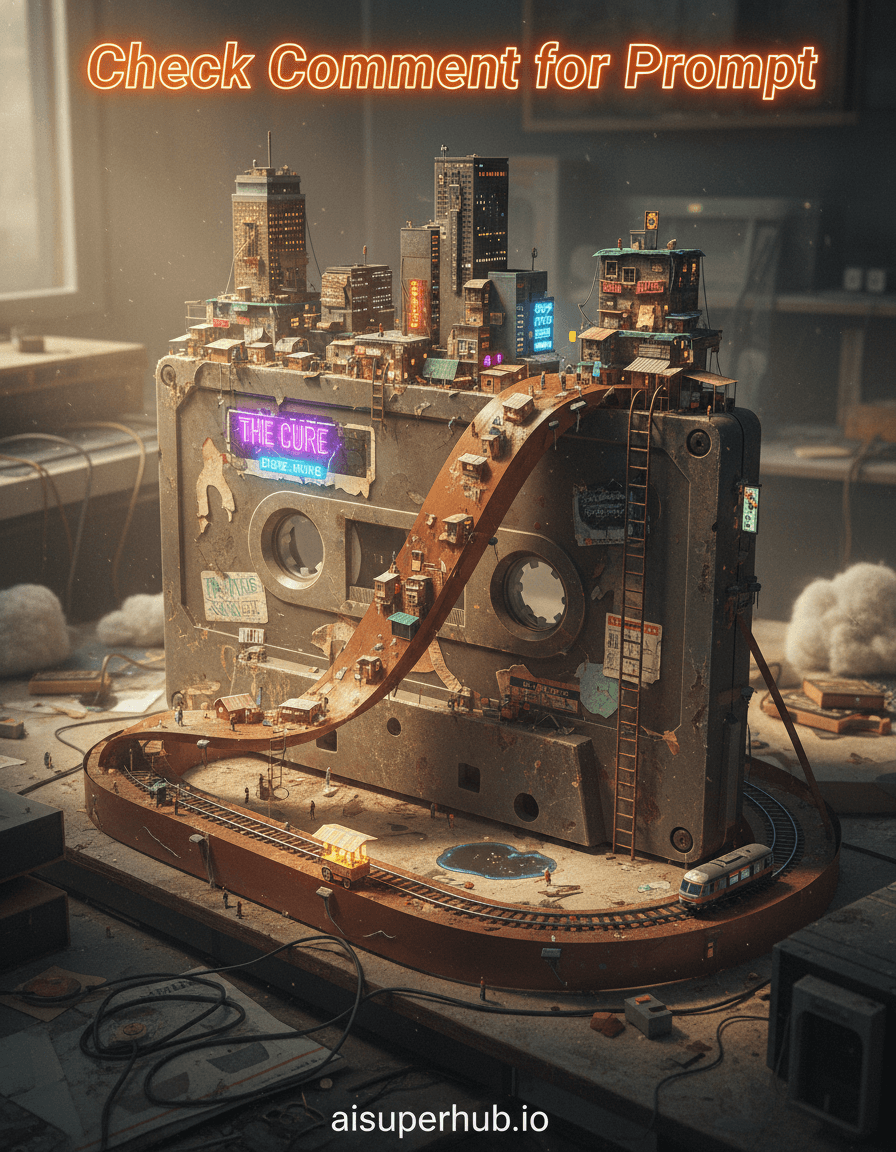 Create a hyper-realistic digital painting depicting a colossal, decaying cassette tape transforming into a vibrant, miniature cityscape for the Street style, with an overlay text 'Check Comment for Prompt' prominently displayed at the top of the image and 'aisuperhub.io' subtly placed as credits at the bottom. Tiny, illuminated skyscrapers and shantytowns cling to the magnetic tape ribbon, which now acts as a winding river or highway. Miniature people, barely visible, are busy navigating the urban sprawl built upon the textured, worn plastic casing, giving a sense of incredible scale and human ingenuity within an unconventional environment. Details to include: A flickering neon sign on one of the tiny buildings, reflecting in a puddle on the cassette's surface. A minuscule, rusty metal ladder leading up to the 'spool' of the tape, now a towering slum. An old, peeling sticker on the cassette housing with faded band names, barely readable. A tiny, glowing street vendor's cart on the 'tape ribbon highway'. A miniature train track circling one of the cassette's central hubs. The colossal cassette tape rests on what appears to be a forgotten, dust-laden desktop, perhaps within an abandoned 1980s music studio. Loose wires, vintage computer components, and scattered, oversized dust bunnies form a surreal, desolate landscape around the immense object, emphasizing its new role as a world unto itself. Shadows from unseen, towering furniture stretch across the scene, hinting at a much larger, forgotten world surrounding this micro-metropolis. The scene is bathed in a dramatic, low-angle, golden hour glow, with shafts of light piercing through dust motes, highlighting the intricate details of the micro-city. There's a melancholic yet hopeful luminescence, suggesting both the passage of time and the enduring spirit of life. Muted earth tones for the cassette, vibrant neon and warm yellows for the city lights, dusty grays and browns for the background. A sense of awe, nostalgia, and a touch of whimsical surrealism pervades this bustling, anachronistic urban landscape. Photorealistic, detailed, fantastical realism, macro photography perspective, cyberpunk elements, vintage aesthetic, mixed media art.