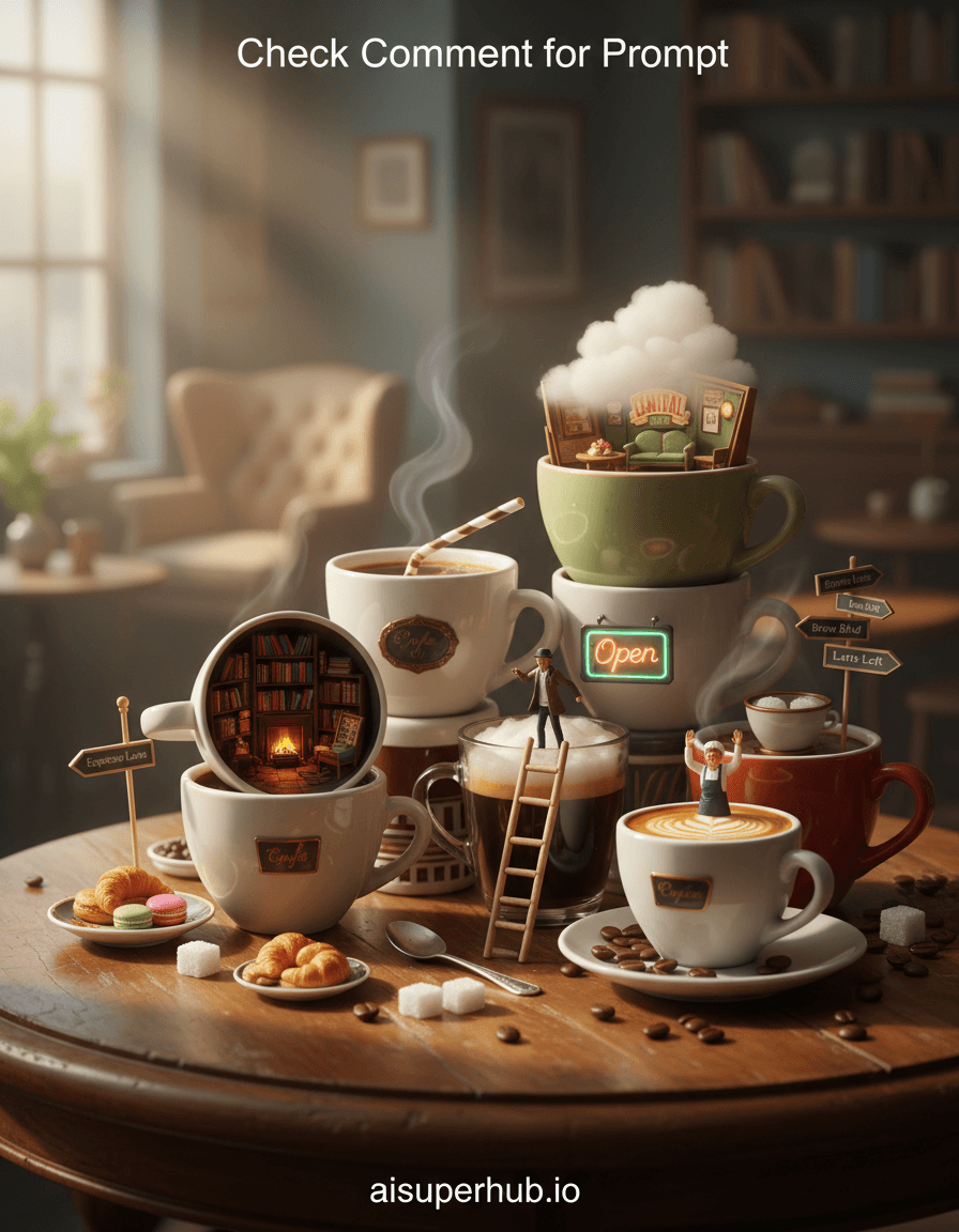 Create a hyper-realistic digital painting depicting a whimsical 'Cafe Hopping' experience. Imagine a miniature, bustling street where various coffee cups, each a unique cafe, intertwine to form an urban landscape. A tiny figure 'hops' from one cup-cafe to another, using a spoon as a bridge or a straw as a ladder. Each cup interior reveals a different cafe ambiance, from cozy bookstore to sleek espresso bar. Details to include: A tiny barista waving from latte art foam; Miniature street signs from coffee stirrers pointing to 'Espresso Lane'; Steam rising from a cup forming a soft cloud; Tiny pastries arranged on a saucer; A glowing neon sign 'Open' within one cup. The scene unfolds on a polished, worn wooden table, suggesting a lived-in cafe. Scattered around the coffee cup city are loose beans, sugar cubes, and porcelain saucers, creating scale and depth. The background is softly blurred, highlighting intricate details and hinting at the larger cafe environment, with a single morning light ray across the table. Soft, warm, diffused morning light filters in, casting gentle shadows and highlighting rich textures. This lighting evokes comfort, coziness, and inviting warmth for a leisurely morning. A rich, earthy palette of warm browns, deep creams, soft whites, and subtle accents of muted greens and brick reds mirrors classic cafe aesthetics. A delightful, enchanting, and utterly charming atmosphere inviting exploration. Hyper-realistic digital painting, macro photography influence, whimsical, intricate detail, trompe l'oeil, magical realism, concept art, high definition, photorealistic rendering. Include overlay text at the top 'Check Comment for Prompt' and credits at the bottom 'aisuperhub.io'.