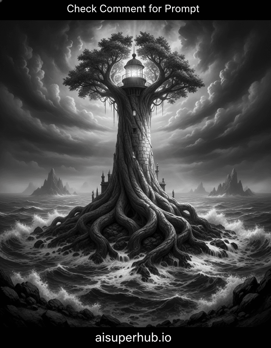 Create a hyper-realistic black and white photograph depicting an ancient lighthouse magically transformed into a colossal, living gnarled tree, for the Black and white photography. Its stone base transforms into a massive, twisting root system, anchoring it to a jagged coast. The lantern room now an intricate, skeletal branch canopy reaching a tempestuous sky, subtly echoing architecture. Details: Bark textures mimicking weathered stone; ethereal glow from the tree's canopy; crashing waves revealing submerged root structures; overlay text 'Check Comment for Prompt' (top); overlay text 'aisuperhub.io' (bottom). The scene: a desolate, rocky islet, battered by raging, foam-crested sea. Dark, brooding storm clouds swirl overhead, mirroring turbulent waters. Jagged rocks emerge from distant mist, adding isolated grandeur. Dramatic, high-contrast chiaroscuro lighting, with harsh directional light piercing storm clouds, creating deep shadows and stark highlights. This accentuates the tree-lighthouse's textures and turbulent sea, evoking awe, struggle, and timeless endurance. A monochromatic scale, rich in deep blacks, stark whites, and textured grays, enhances contrast and classic photographic feel. Mood: majestic solitude, ancient mystery, raw untamed power. Style: high-resolution monochrome photography, epic fantasy realism, gothic landscape art, chiaroscuro portraiture, detailed textural rendering, impossible architecture.