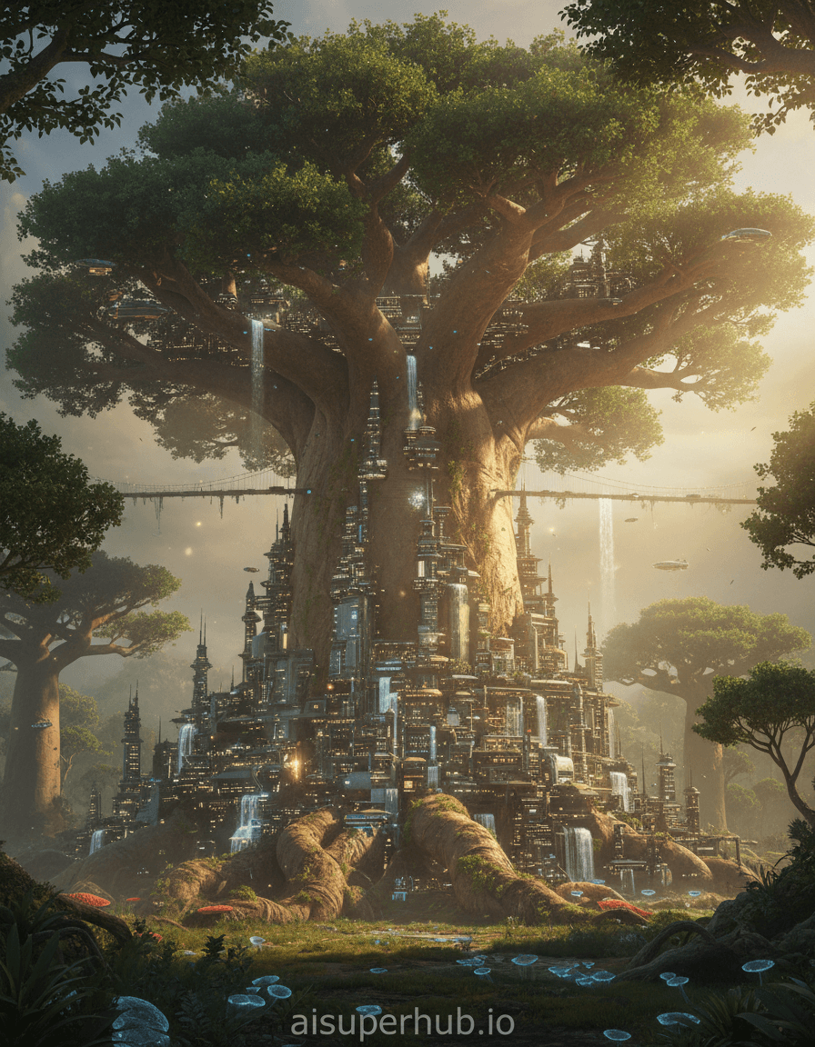 Create a hyper-realistic cinematic still depicting a colossal, ancient baobab tree whose sprawling branches and root systems meticulously form a thriving, futuristic miniature cityscape, for the Product Ad Prompt. The massive trunk of the tree serves as the central skyscraper, with elaborate networks of high-tech buildings, winding streets, and intricate infrastructure carved directly into and growing from its colossal limbs. Tiny, shimmering vehicles navigate pathways that crisscross the bark, revealing a civilization in harmony with nature on an impossible scale. Details to include: Intricate glowing windows in the miniature skyscrapers, a microscopic magnetic levitation train system weaving seamlessly through the branches, cascading waterfalls formed by dew trickling down mossy boughs, delicate suspension bridges connecting distant parts of the arboreal metropolis, and miniature airships gently cruising between the higher leaves. The gargantuan tree stands alone in an ethereal, mist-shrouded forest, its base disappearing into a carpet of luminescent fungi. Surrounding flora appears tiny in comparison, emphasizing the tree's immense, world-encompassing presence. The forest floor is soft with ancient roots and glowing mycelium, suggesting an untouched, primeval world. Bathed in the soft, golden light of a perpetual magic hour, with dappled sunlight filtering through the canopy above, creating an ethereal glow that highlights the city's intricate details and casting long, dramatic shadows. The light evokes wonder, discovery, and a sense of sacredness. A rich blend of deep forest greens, warm earthy browns, luminous golden yellows, vibrant mossy textures, and touches of soft, glowing blues from the city lights. Whimsical, awe-inspiring, and profoundly serene, inviting viewers to imagine a world beyond their wildest dreams. High fantasy, photorealistic, intricate detail, grand scale, magical realism, epic scope. Add a subtle, transparent overlay text at the bottom: 'aisuperhub.io'
