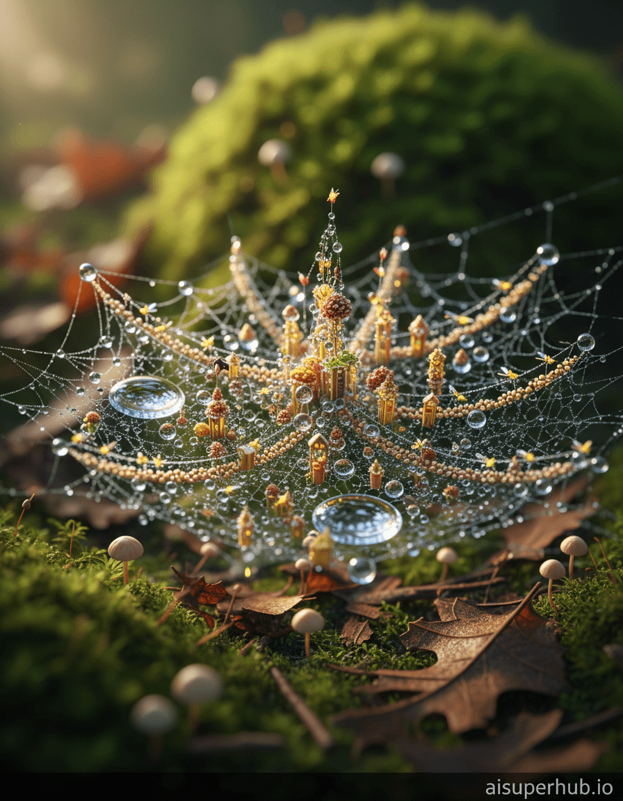 Create a hyper-realistic macro photograph depicting a miniature metropolis built entirely on the intricate strands of a dew-kissed spiderweb for the Macro art. The delicate silk threads are reimagined as soaring bridges and winding streets, connecting minuscule buildings constructed from shimmering water droplets and pollen grains. Tiny luminescent creatures, like fireflies, navigate these pathways, creating a sense of bustling activity within this impossibly small urban landscape. Details to include: spiderweb strands forming suspension bridges with tiny 'vehicles' crossing them, buildings made of perfect, translucent water droplets reflecting distorted light, pollen grain markets bustling with infinitesimal life, glistening dew drops acting as pools, and a single, iridescent spider implied by the precision of the web. The background is a softly blurred, verdant forest floor, out of focus, allowing the intricate details of the web-city to pop with incredible clarity. Sunlight filters through dense foliage, creating dappled patterns of light and shadow, highlighting the ethereal quality of the scene. The forest floor itself is a tapestry of moss, fallen leaves, and tiny fungi, providing a sense of scale and natural beauty to the miniature world. Soft, golden hour backlighting, with strong specular highlights on the water droplets and spiderweb silk, creating an ethereal and magical glow. The light evokes wonder and a sense of peaceful awe, illuminating the delicate structures with a warm, inviting luminosity. The color palette features emerald greens and earthy browns contrasting with silver, iridescent blues, and subtle golds, with accents of warm yellow and soft orange. A whimsical, enchanting, and awe-inspiring atmosphere of a hidden, vibrant world. Hyperrealism, detailed macro photography, fantasy art, bioluminescent accents, bokeh background, high dynamic range, intricate, magical realism, deep focus, surreal. Add an overlay text at the bottom: 'aisuperhub.io'.