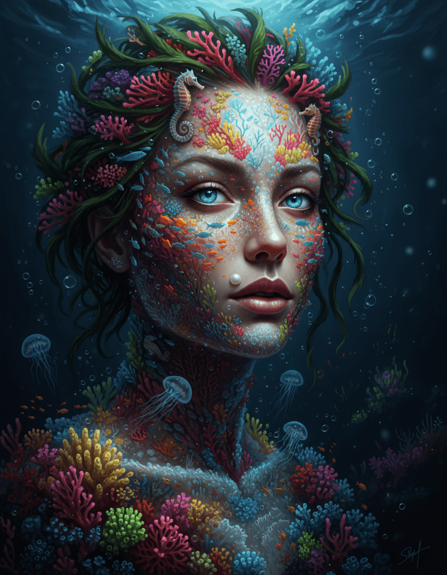 Create a hyper-realistic digital painting depicting a woman's face formed from vibrant, living coral reefs for Creative portraits women. Her serene visage features delicate, multi-hued coral polyps and branching anemones. Luminous bioluminescent plankton form her eyes, and soft, undulating sea sponges sculpt her otherworldly, gentle lips. Details to include: Tiny, iridescent fish schooling her cheekbones; delicate seahorses spiraling in her hair of soft corals and kelp; a perfect pearl beauty mark; subtle current ripples; gossamer jellyfish near her neck. The background, an abyssal ocean trench, is dark and mysterious, subtly lit by distant phosphorescent deep-sea flora. This contrast emphasizes the vibrant, life-filled portrait, making her glow with internal light against the vast, silent depths, with faint bubbles rising. Lighting is primarily internal and bioluminescent, softly emanating from the coral and sea creatures. Supplemental, cool, diffused moonlight filters from the surface, creating gentle shadows and highlighting her organic textures. This evokes wonder, tranquility, and ancient, timeless beauty. A rich palette of deep oceanic blues, vibrant coral reds, fuchsia, electric greens, luminous yellows, and soft pearlescent whites, against a dark, inky background. Mood: Serene, mystical, deeply contemplative, inviting the viewer into a fantastical underwater realm. Style: Hyper-realistic, ethereal photorealism with intricate biological detail, inspired by ecological art and fantasy portraiture, cinematic. aisuperhub.io