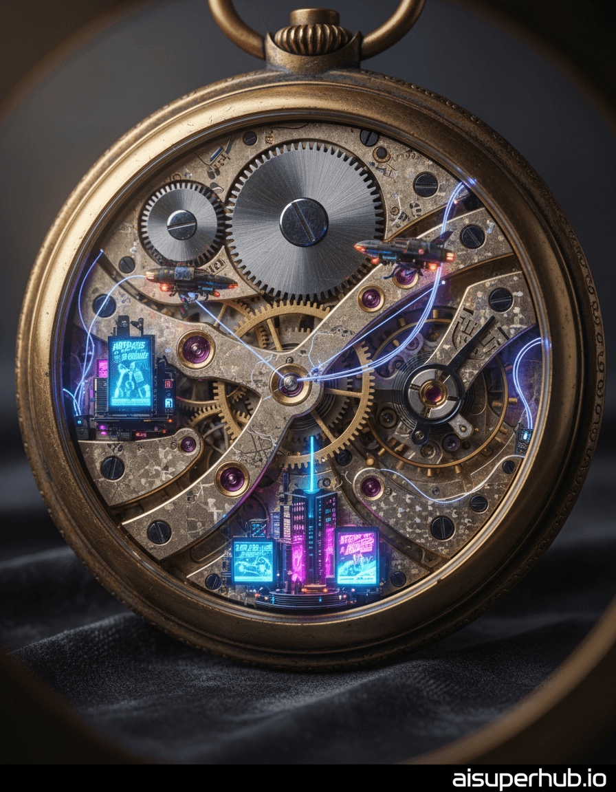 Create a hyper-realistic macro photograph depicting a sprawling, luminous cyberpunk city for the hyper-realistic isometric 3D render of a miniature. This miniature city thrives within the intricate gears and springs of an antique pocket watch, its neon glow reflecting on polished brass surfaces. Tiny holographic advertisements flicker between cogs, and miniature airships navigate between the balance wheel and mainspring, their paths illuminating the metallic labyrinth. Details to include: Microscopic figures scurrying across watch bridges that serve as walkways; Fiber-optic cables resembling electrical currents snaking through the watch movement; Miniature holographic projections advertising futuristic products; Tiny, custom-built vehicles resembling insects traversing the internal mechanisms; The watch's ruby jewels repurposed as glowing energy sources or traffic lights. The immediate environment is the highly detailed interior of a vintage gold pocket watch, with every scratch, engraving, and patina on its metal components rendered with extreme fidelity. The watch itself rests on a distressed, dark velvet cloth, subtly reflecting the city's glow, suggesting it's being observed under a magnifying lens. The overall impression is one of immense detail within a confined, mechanical universe. The lighting is dramatic and moody, with dominant neon blues, purples, and electric pinks emanating from the miniature city itself, casting sharp, intricate shadows across the metallic watch components. A soft, warm ambient light from an unseen external source gently highlights the watch's brass and gold, creating a strong contrast between the cool, artificial city glow and the antique warmth of its vessel. The emotional intent is awe and discovery. Predominantly deep cyans, electric blues, vibrant magentas, and acid greens for the city, juxtaposed with the warm, rich tones of aged brass, gold, and polished steel of the watch. Hints of deep crimson from the watch's ruby jewels. Mysteriously futuristic and profoundly intricate, evoking a sense of wonder at scale and hidden complexity. Ultra-detailed, photorealistic, cinematic, miniature photography, macro photography, retro-futurism, cyberpunk aesthetic, high resolution, 8k, bokeh, volumetric lighting, extreme depth of field. overlay text: 'aisuperhub.io' at bottom.