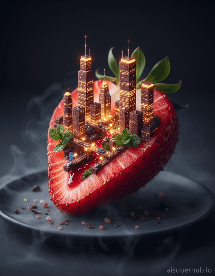 Create a hyper-realistic macro food photograph depicting a single, perfectly ripe strawberry, sliced open to reveal a miniature, bustling city street at twilight, as if the fruit's interior is a vibrant urban landscape for the Food photography. The intricate network of veins within the strawberry flesh transforms into glowing streets and towering buildings. Tiny, illuminated 'vehicles' made of edible sugar crystals and chocolate shavings can be seen moving along the berry's natural grooves, which now appear as main avenues, creating a sense of dynamic miniature life within the fruit. Details to include: microscopic 'street lamps' made of dew drops or sugar crystals casting warm glows; edible 'skyscrapers' formed from intricate layers of fruit pulp and seeds, subtly luminescent; a tiny 'park' area with 'trees' made of vibrant mint leaves; a 'river' of glistening berry coulis flowing gracefully through the city; miniscule edible 'people' represented by tiny, colored sugar grains scattered on the 'streets'. The strawberry city is presented on a minimalist, dark slate plate, surrounded by a soft, ethereal mist or dry ice vapor that creates a dreamlike, almost otherworldly atmosphere. The natural, unadulterated edges of the original strawberry are still subtly visible, artistically anchoring the fantastical scene to its real-world origin, masterfully emphasizing the trompe l'oeil effect. Lighting is dramatic and low-key, emanating primarily from within the 'city' itself, creating warm, inviting pockets of light against a deep, contrasting background. A soft, diffused rim light gently highlights the natural contours of the strawberry, adding profound depth and a sense of magical realism. The emotional intent is to evoke profound wonder, intricate beauty, and playful enchantment. The color palette features rich reds and deep purples from the strawberry, beautifully contrasted with golden yellows and warm oranges for the city lights, accented by the dark grays and blacks of the slate, with vibrant hints of lush green from the edible foliage. The mood is whimsical, awe-inspiring, and profoundly imaginative. Style: Hyper-realistic macro food photography, fantastical realism, trompe l'oeil, fine art, dreamcore, detailed miniature. Add a subtle overlay text at the bottom right corner of the image with 'aisuperhub.io'.