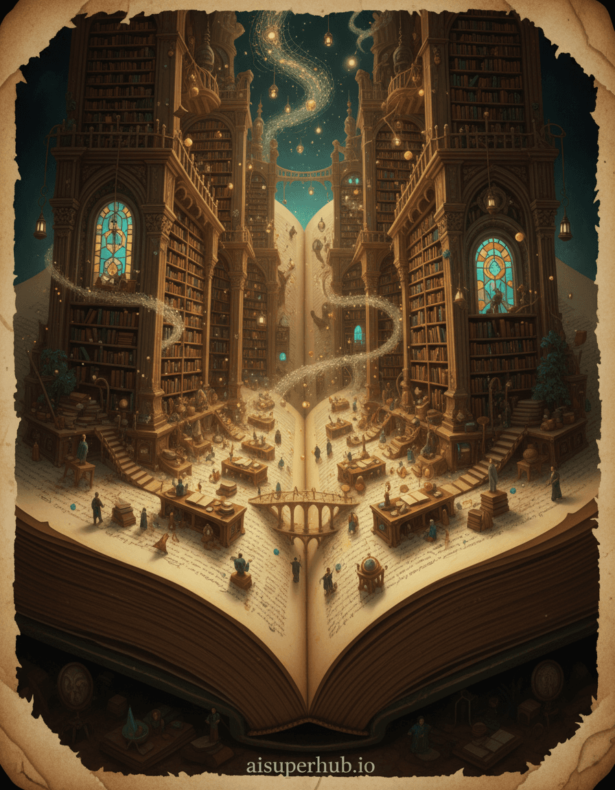 Create a hyper-realistic digital painting depicting a microscopic, yet infinitely sprawling library contained within the pages of an ancient, open book for the Cinematic color grading. A colossal, intricately detailed library unfolds across the double-page spread of an enormous, timeworn tome. Tiny, glowing pathways wind through towering shelves packed with minuscule, leather-bound books, disappearing into the depths of the paper fiber itself. Scholars, no bigger than specks of dust, can be seen diligently navigating this miniature world, illuminated by an ethereal glow. Details to include: Miniscule, glowing lanterns hanging from delicate paper fibers acting as structural beams; tiny magnifying glasses and quills scattered on 'desks' formed by slight undulations in the paper; a faint, swirling 'dust' composed of microscopic script fragments floating between the shelves; elaborate, almost invisible, spiderweb-like bridges connecting different 'levels' of the library; 'stained glass' windows made from transparent ink blotches refracting light. The library is nestled within the texture of the aged parchment, where the very fibers of the paper form the architectural elements – columns, arches, and vaulted ceilings. The edges of the book's pages, slightly frayed and yellowed, frame this incredible scene, hinting at the vastness contained within a seemingly ordinary object. Beyond the pages, only a deep, velvety darkness suggests an immense, unknown external world. Ethereal and mystical lighting, with soft, warm golden light emanating from countless miniature orbs and pathways, casting long, dramatic shadows that emphasize the vast scale of the internal world. Pockets of cooler, cerulean light occasionally pierce through, hinting at hidden, deeper sections. The overall intent is wonder and profound discovery. Color palette: Rich sepia tones, warm ambers, deep forest greens, subtle sapphire blues, and hints of shimmering gold, all integrated into the texture of aged paper and ink. Mood/atmosphere: A profound sense of awe, quiet discovery, and limitless knowledge, tinged with a touch of ancient mystery. Style summary: Hyper-detailed digital painting, fantasy realism, miniature epic, baroque sci-fi, trompe l'oeil, deep focus, cinematic. With overlay text at the bottom 'aisuperhub.io'.