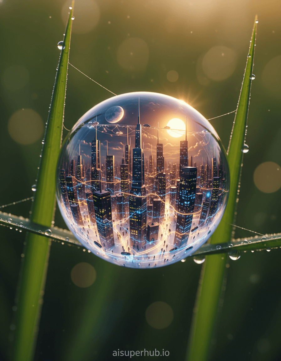 Create a hyper-realistic macro photograph depicting a miniature, bustling city encapsulated within a single dewdrop for the Lifestyle portraits. This spherical dewdrop acts as a crystal ball, revealing a tiny metropolis of microscopic skyscrapers, glowing windows, and minuscule vehicles on transparent roads. Microscopic figures are visible within, their forms subtly distorted by water's curvature, creating an ethereal existence. Details to include: Glowing, multi-colored windows; a spiderweb filament as a delicate sky-track; translucent energy flows connecting buildings; warped reflections of a giant sun/moon; tiny, invisible airships navigating the skyline. The dewdrop rests precariously on a silvery spiderweb strand, tautly stretched between two blurred vibrant green grass blades. This bokeh background hints at a world of immense scale beyond, emphasizing the tiny marvel's origin. Ethereal, iridescent lighting with soft, golden hour glow filtering through the dewdrop causes internal refractions highlighting city structures. A subtle backlight creates a glowing rim. Emotional intent: wonder and delicate awe. Color palette: deep blues, purples (city lights), warm amber, gold (internal glow), against natural greens, silvery whites (web, background). Mood: serene, impossible wonder and delicate fragility. Style: Hyper-realistic macro photography, fantasy, surrealism, detailed miniature, intricate, high-definition, ethereal, dreamlike, cinematic. Overlay text 'aisuperhub.io' at the bottom.