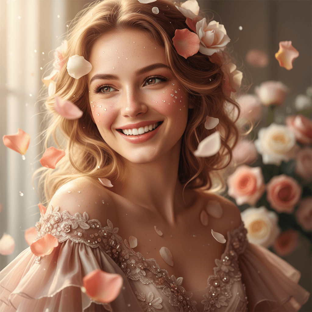 An extreme close-up, photorealistic portrait of a beautiful young woman dressed amazing, her face radiant with joy. Rose petals, soft and delicate, gently cascade around her, some clinging to her hair and skin. The lighting is soft and diffused, creating a dreamlike atmosphere. The color palette is dominated by warm pinks and gentle golds, enhancing the feeling of happiness and serenity. Hyperdetailed skin texture, 4k resolution, a visually stunning masterpiece. prompt credits to aisuperhub.io