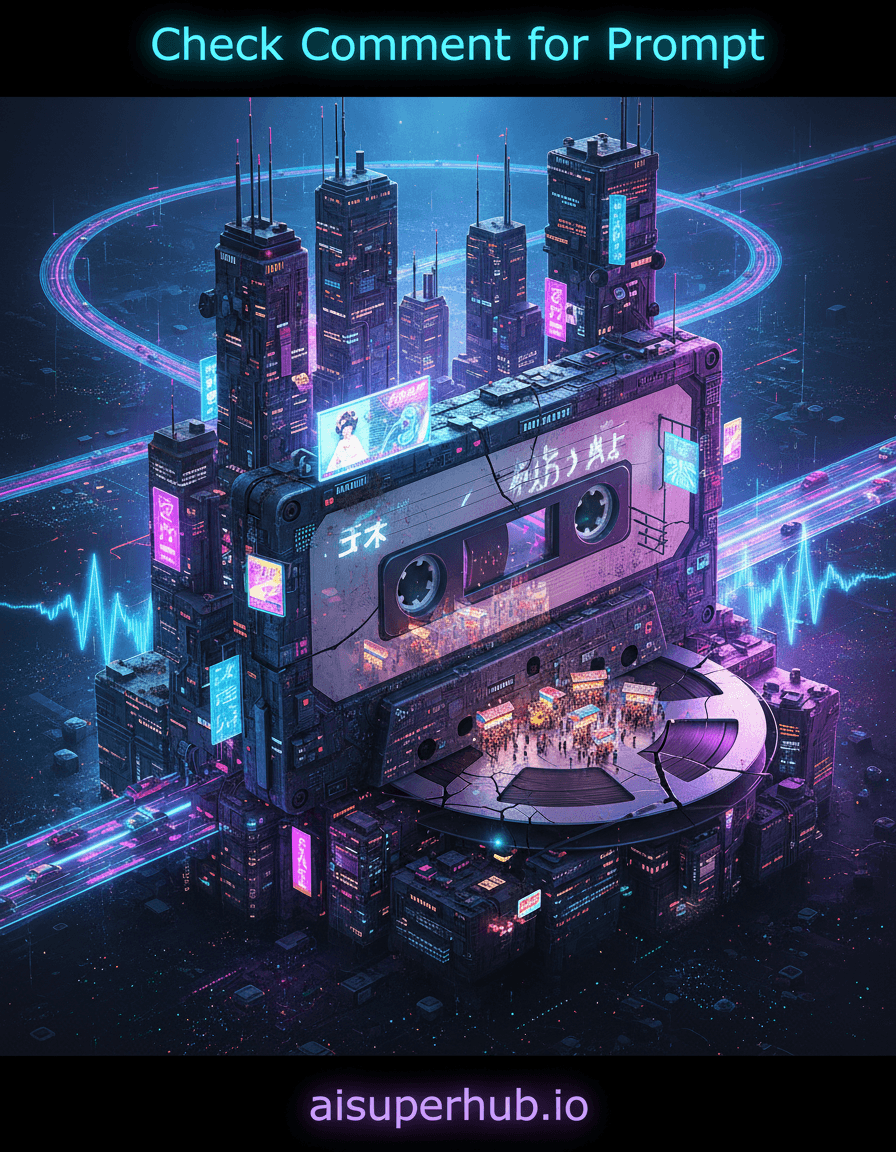 Create a hyper-realistic digital painting depicting a retro cassette tape city for the Street style. The iconic body of a vintage audio cassette tape scales impossibly to continental proportions, serving as the foundation for a sprawling, neon-drenched cyberpunk metropolis. Towering skyscrapers, built from repurposed circuit boards and magnetic tape spools, pierce a perpetually twilight sky, with data streams flowing like luminous rivers. Details to include: Miniature vehicles on glowing data highways; holographic ads flickering across the tape's 'label'; tiny street vendors bustling in the 'tape window' district; a giant, cracked reel as a central plaza. Overlay text at the top of the image 'Check Comment for Prompt'. Overlay text at the bottom of the image 'aisuperhub.io'. The colossal tape rests on an infinite, dark cosmic ground, dotted with faint, star-like data clusters, hinting at a vast digital universe. Ethereal sound waves emanate from the edges, suggesting this city plays an unheard, celestial tune. Dramatic and saturated lighting, dominated by electric blues, purples, and vibrant magentas from neon signs and flowing data. This casts long, sharp shadows across metallic architecture, creating an intense, futuristic yet melancholic luminescence. Color palette: Electric blues, deep purples, neon pinks, cybernetic greens, accented by metallic grays and muted, earthy moss tones on the tape's casing. Mood/atmosphere: Awe and cyberpunk wonder, tinged with nostalgic melancholy for a bygone era. Style summary: Photorealistic, high detail, cyberpunk art, retrofuturism, digital painting, street photography aesthetic, epic scale, macro detail, cinematic.