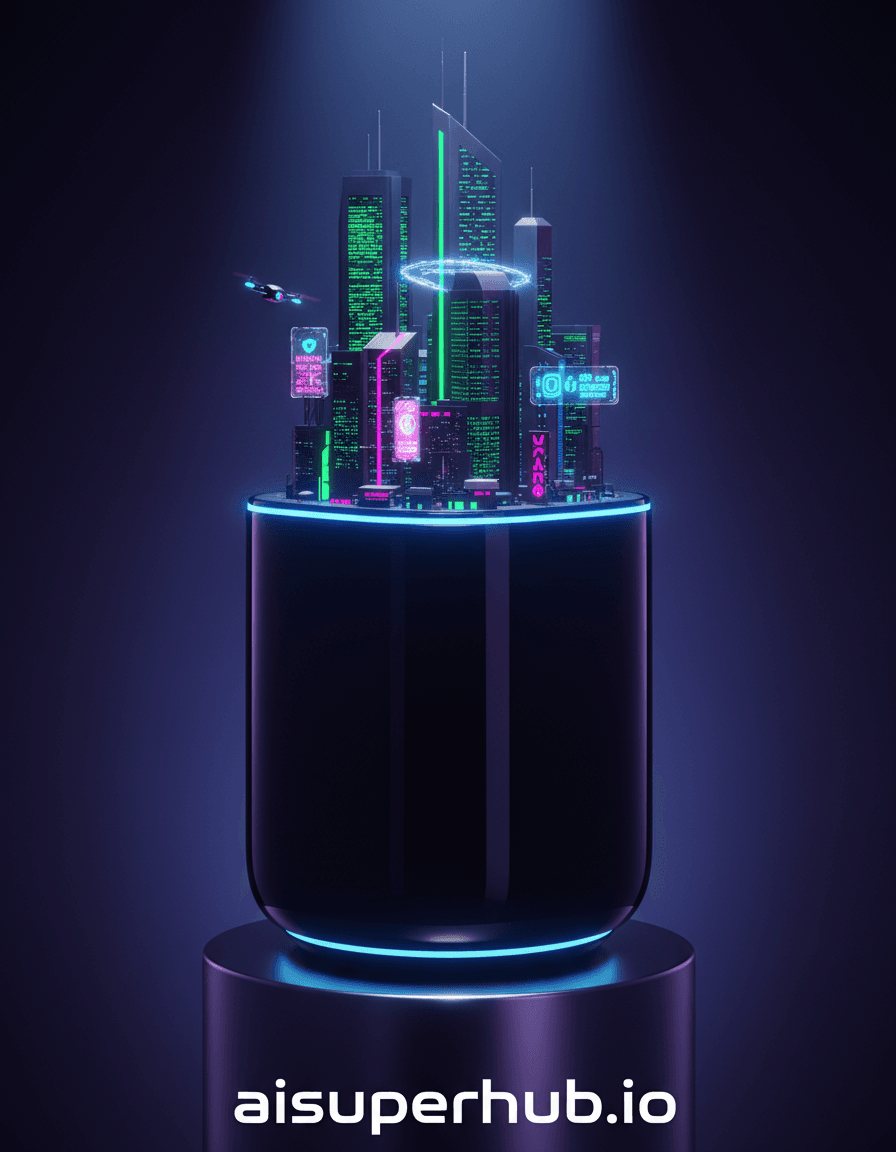 Create a hyper-realistic product advertisement poster depicting a quantum-entangled smart speaker for the Product Ad Prompt. The central focus is a sleek, obsidian-black smart speaker that *is* the surface for a sprawling, miniature futuristic city. Tiny, bioluminescent skyscrapers emerge from its polished top, their intricate details reflecting in its glossy sides. Holographic advertisements shimmer between buildings, hinting at its advanced capabilities. Details to include: A single, perfectly rendered, miniature drone weaving through the cityscape on the speaker. Subtle, pulsating blue light emanating from the speaker's base, suggesting power. Ultra-fine details of tiny, reflective windows on the microscopic buildings. A minuscule, transparent energy shield around one of the city's central structures. A faint, ethereal aura surrounding the entire speaker, indicating advanced technology. The speaker-city rests on a minimalist, brushed aluminum pedestal in a dimly lit, high-tech studio environment. The background is a gradient of deep indigo fading into a rich violet, creating a sense of infinite depth and advanced technology. Soft, atmospheric haze hangs in the air, catching the light and adding ethereal quality, yet the speaker remains sharply defined. Dramatic, cinematic backlighting casts long, elegant shadows from the miniature buildings, emphasizing verticality and the speaker's form. A soft, focused spotlight illuminates the very top of the cityscape, highlighting its intricate details, while subtle, internal glow emanates from within the speaker, conveying intelligence and potential. The overall lighting is cool and sophisticated, evoking wonder and technological mastery. Dominant tones are deep blues, blacks, and purples, accented by neon-cyberpunk greens, fuchsia, and electric blues from the city lights. Silver and chrome accents from the pedestal provide stark contrast. An awe-inspiring sense of futuristic innovation, sleek elegance, and boundless possibility. Hyper-realistic, macro photography, sci-fi concept art, high-detail rendering, photorealistic product photography, cyberpunk aesthetic, trompe l'oeil. Overlay text at bottom: 'aisuperhub.io'.