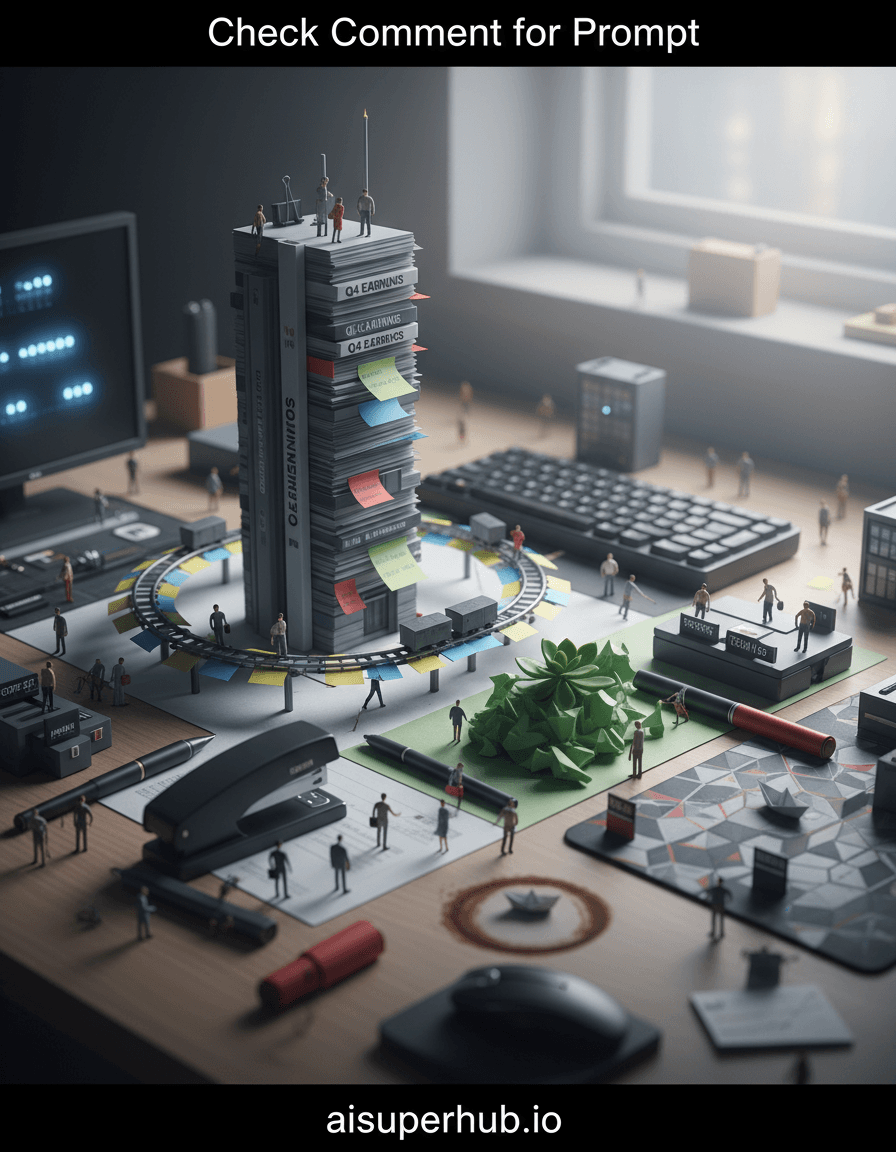 Create a hyper-realistic macro photograph depicting a bustling office desk transformed into a miniature city landscape for the Work life shots. Tiny, ant-sized business people commute across a sprawling metropolis built from everyday office supplies. A towering stack of financial reports forms a skyscraper, with paperclip bridges connecting various 'districts' composed of staplers, pens, and keyboards. Details to include: A miniature train track made of sticky notes carrying tiny figures. A 'park' area constructed from crumpled green paper and a small succulent plant acting as a forest. LED indicators on a monitor glowing like distant city lights. A spilled coffee ring forming a tranquil 'lake' with a tiny paper boat. A mouse pad serving as a bustling commercial district with tiny storefronts. The immediate foreground showcases intricate details of the miniature city, while the blurred background reveals the subtle textures of a wooden desk and the soft glow of a nearby window, hinting at a much larger world beyond this tiny urban sprawl. The scale shift is dramatic, emphasizing the 'macro' perspective. Soft, ambient overhead lighting simulating dawn, casting long, dramatic shadows that add depth and a sense of wonder to the miniature city, evoking a feeling of energetic potential and quiet determination. A muted corporate palette of grays, blues, and whites, accented by vibrant pops of red and yellow from sticky notes and highlighters, giving the scene a lively yet grounded feel. An awe-inspiring and imaginative sense of miniature urban dynamism, reflecting the hidden energy of daily work life. Macro photography, tilt-shift effect, hyper-detailed, photorealistic, forced perspective, surrealist, miniature diorama. At the top of the image, overlay the text 'Check Comment for Prompt'. At the bottom of the image, overlay the text 'aisuperhub.io'.