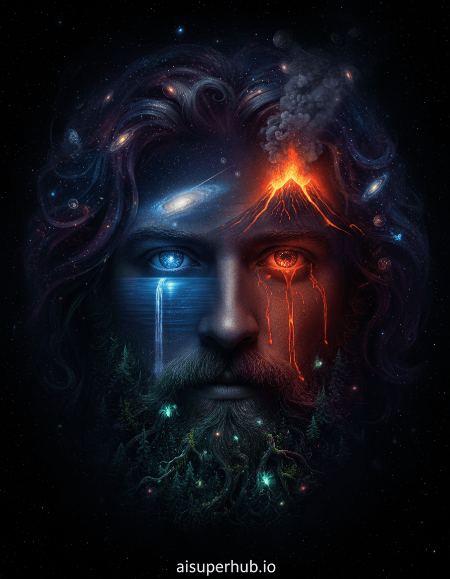 Create a hyper-realistic cinematic photograph depicting a man whose face is an intricate, living miniature landscape for the Creative portraits men. His countenance is a breathtaking fusion of natural wonders, with one eye a pristine, deep sapphire lake reflecting a distant starlit sky, and the other a smoldering, active volcano peak. His rugged beard transforms into a dense, ancient forest, and his flowing hair becomes a swirling, cosmic nebula. Details to include: A tiny, barely perceptible shooting star streaking across the surface of the lake-eye. Wisps of volcanic ash delicately curling from the peak of the volcano-eye. Miniature bioluminescent flora and fauna nestled within the beard-forest. Swirling nebulae and distant galaxies subtly integrated into the cosmic hair. A delicate, crystalline waterfall cascading down his cheek, resembling a solitary tear. The environment recedes into a profound, dark abyss, a cosmic void where only faint, shimmering stardust is visible, emphasizing the man's face as a self-contained universe. This background ensures all focus remains on the impossible detail and grandeur of his features, creating a sense of isolation and immense scale simultaneously. Dramatic chiaroscuro lighting bathes his face, with an ethereal, cool glow emanating from the lake-eye, juxtaposed against a fierce, molten orange and red light pulsing from the volcanic eye. Soft, dappled light filters through the forest-beard, and the cosmic hair shimmers with deep purples and blues, creating a profound sense of inner conflict and monumental power. The color palette features deep indigos, sapphire blues, rich emeralds, fiery oranges, and molten golds, all contrasted with the rugged, earthy tones of his skin-landscape and the deep blacks of the cosmic background. The mood is one of profound mystery, awe-inspiring majesty, and introspective power, blending the human spirit with the raw forces of nature and the universe. Style: Surreal photorealism, epic fantasy art, digital hyperrealism, cinematic portraiture, cosmic naturalism, mixed media layering, object-as-landscape transformation. Overlay text at bottom: 'aisuperhub.io'