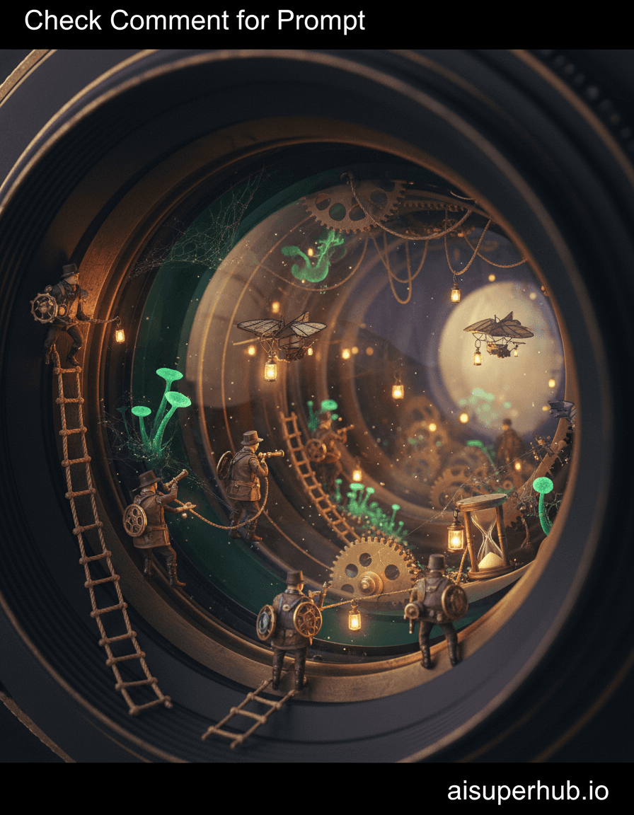 Create a macro photograph depicting a miniature civilization within a vintage camera lens for the Macro art, with overlay text 'Check Comment for Prompt' at the top and 'aisuperhub.io' at the bottom. Tiny steampunk explorers navigate refractive surfaces, dust motes of a 35mm lens. Pinhead lanterns illuminate their path, casting light across curved glass as they ascend rope ladders between focusing rings. Details to include: Brass gears as observation decks; tiny airships with optical dust filter wings; glowing fungal bioluminescence on spider silk across diaphragm blades; explorers in leather gear with watch-gear shields; miniature hourglass on an aperture lever. Blurred, cavernous camera body hints at darkness beyond. Lens elements are pathways, distorting mirrors, creating surreal reflections. Golden dust shimmers, imbuing optics with ancient grandeur. Cinematic backlighting from the front element casts long shadows, evoking wonder. Glimmers catch on metallic components. Warm, external golden hour glow suggests outside, complemented by intimate internal lantern lights. Palette: Brass, copper, emerald green lens coatings, warm sepia dust, sapphire and ruby lantern pops, contrasted with cool dark purples, blues of camera interior. Mood: awe-inspiring wonder, intimate adventure, profound forgotten beauty reborn. Hyperrealism, octane render, detailed textures, volumetric lighting, epic scale contrast, cinematic, photorealistic, intricate detail, bokeh, sharp focus, 8K masterpiece.