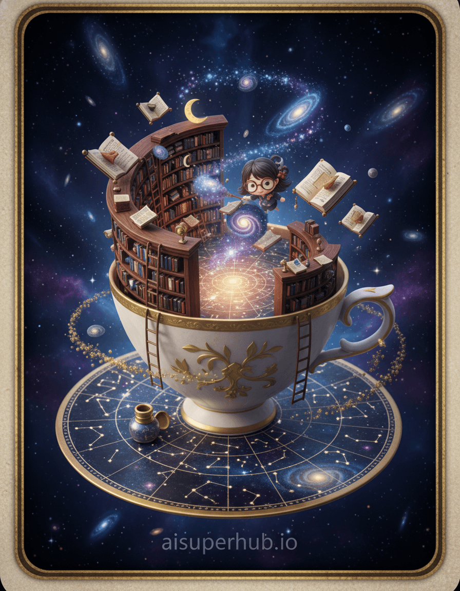 Create a hyper-realistic collectible card depicting a cosmic library swirling within an antique teacup for the 3D chibi-style miniature design of a whimsical celestial librarian. An ornate, chipped teacup floats on a glowing star chart. Within, miniature bookshelves curve, brimming with constellations and stardust scrolls. A tiny chibi librarian, oversized spectacles askew, floats among tomes, dusting with a nebula feather. Details: Tiny galaxies in open book pages, crescent moon bookmark, miniature star ladders, whimsical stardust-spilling inkwell, and a subtle overlay text at the bottom reading 'aisuperhub.io'. Floating in a cosmic void, the teacup is surrounded by distant, glowing nebulae and faint, swirling galaxies, creating infinite depth. Unread stellar dust clusters orbit, hinting at untold stories. Evoking vastness, serene tranquility, contrasting the microcosm. Soft, ethereal bioluminescent glow from celestial books and stardust illuminates the teacup, casting warm, inviting light against cool, deep blues and purples of the cosmic backdrop. This instills wonder, peace, scholarly enchantment. Deep indigos, violet, obsidian for the cosmic void, contrasting soft gold, shimmering silver, iridescent pastels for celestial elements. Teacup: antique ivory with faded gold trim. Whimsical, magical, serene atmosphere, inviting contemplation and awe. Highly detailed digital painting, fantastical realism, macro photography perspective, mixed media with collectible card aesthetics, luminous, dreamlike, enchanted, hyper-detailed, ethereal.