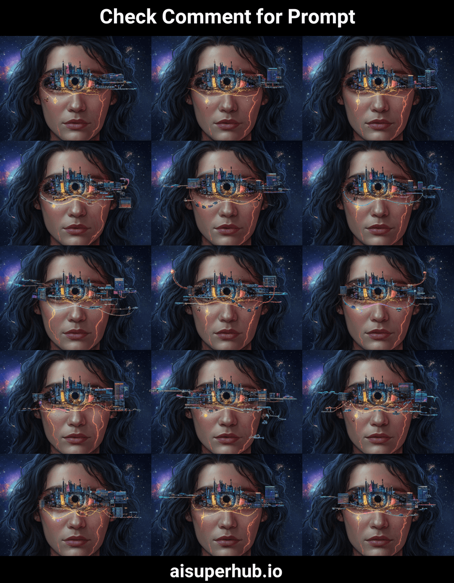 Create a hyper-realistic digital painting depicting a single human eye transforming into an entire bustling micro-city for the collage of 12 photos of same Man or same woman each with a different The iris of the eye is a vibrant metropolis, with towering, bioluminescent skyscrapers forming the intricate patterns of the iris. Tiny, glowing vehicles traverse the veins of the sclera, which act as elevated highways connecting different districts. The pupil is a deep, swirling void, acting as the central energy core for this microscopic civilization, pulsating with soft, ambient light. Details to include: Miniature, highly detailed drones zipping between 'lash-skyscrapers'. Tiny figures of people visible on bridge-like capillaries. Reflections of distant nebulas in the cornea's surface. Subtle tears of light flowing down the cheek, creating rivers of energy. Overlay text 'Check Comment for Prompt' at the top of the image and 'aisuperhub.io' at the bottom as credits. The background is an infinite, cosmic expanse, a dark canvas speckled with distant, ethereal galaxies and nebulae, suggesting the eye is observing the universe from an impossible, intimate vantage point. The edges of the eye blend seamlessly into this cosmic tapestry, implying it is both a contained world and a window to the vastness. The lighting is soft, internal bioluminescence emanating from the city structures, contrasted with deep, cool blues and purples from the cosmic background. A singular, warm golden glow from the pupil's core signifies life and energy, creating a sense of awe and quiet wonder. Dominant cool blues, deep purples, and subtle greens, with vibrant, glowing accents of electric orange, neon pink, and radiant gold. Awe-inspiring, contemplative, and slightly melancholic, evoking the vastness within the minuscule. Hyperrealism, surrealism, sci-fi art, cosmic realism, digital photobashing, intricate detail, cinematic, ethereal.
