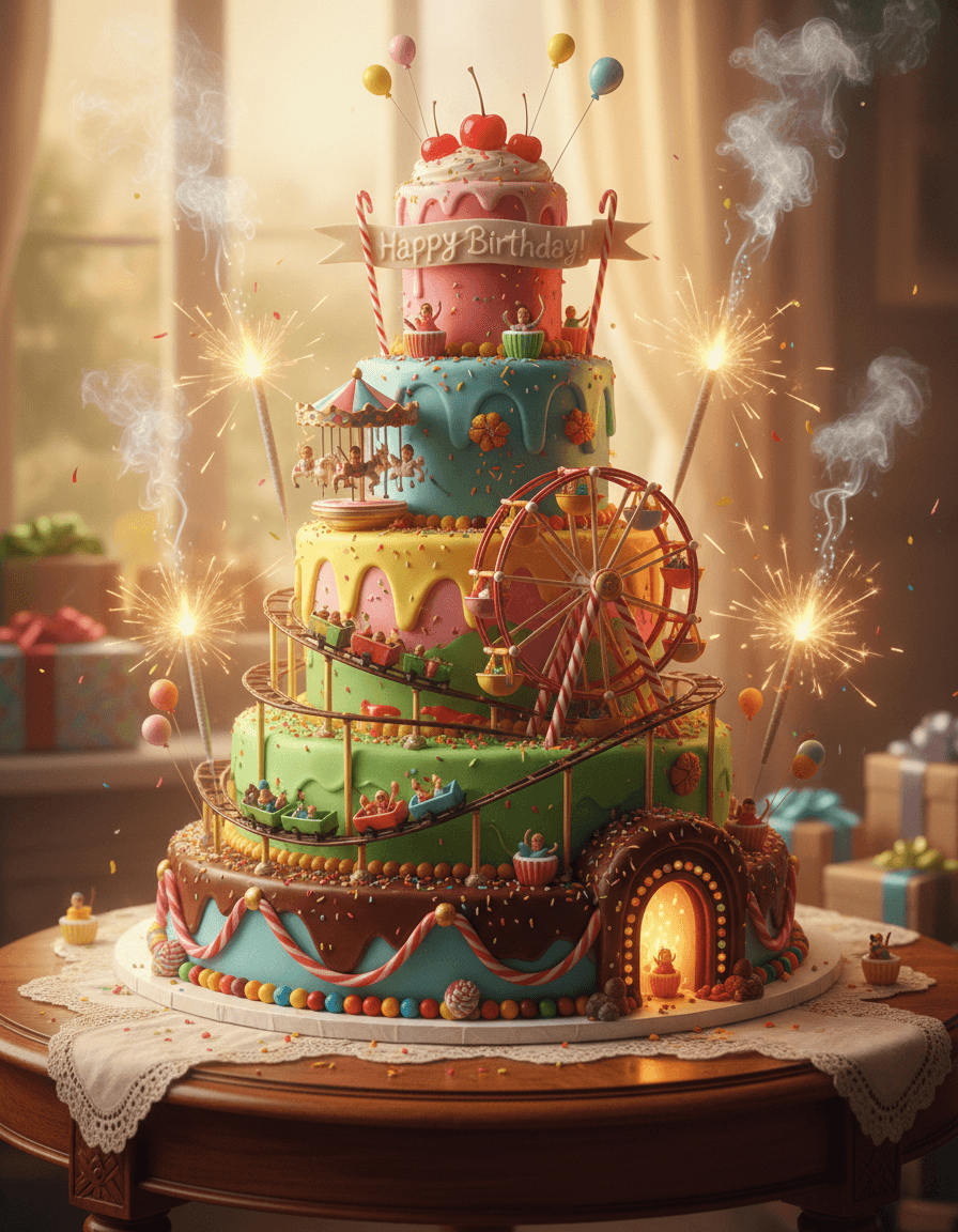 Create a hyper-realistic cinematic photograph depicting a fantastical miniature amusement park constructed entirely from a giant birthday cake for the Birthday parties. A colossal multi-tiered vibrant cake transforms into an elaborate amusement park. Tiny, joyful party-goers, gumdrop-sized, ride a cupcake carousel, a candy cane Ferris wheel, and a licorice roller coaster. Sprinkles rain like confetti, with miniature balloons floating from cherry-topped peaks. Details to include: An M&M teacup ride with tiny spinning figures. A glowing "tunnel of love" carved into a chocolate layer. Sparklers as towering, smoke-trailing light posts. A "Happy Birthday!" banner on the top tier in icing. The cake-park rests on a polished antique wooden table. Softly blurred wrapped gifts and shimmering party streamers frame the scene. A lace-trimmed linen tablecloth appears, hinting at a cozy, celebratory indoor setting. Golden hour light from a window casts warm shadows, highlighting textures. Soft, diffused illumination creates a magical, dreamlike glow, evoking nostalgic joy and pure childhood bliss. A vibrant, joyful palette: mint green, baby pink, sky blue, lemon yellow, contrasted with reds, chocolates, and sparkling golds, creating an edible and inviting visual feast. Whimsical, joyful, and utterly enchanting, capturing the innocent wonder of childhood celebrations. Macro photography, highly detailed, photorealistic, surreal, whimsical realism, golden hour glow, intricate, cinematic, bokeh background, 'aisuperhub.io'