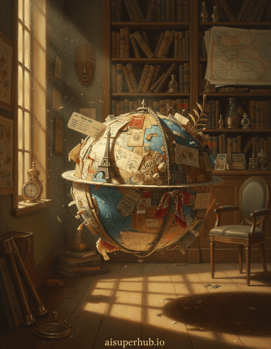 Create a hyper-realistic oil painting depicting a floating world of travel memories. A miniature globe, meticulously crafted from countless interwoven postcards, ticket stubs, and pressed flowers, floats gracefully in mid-air. Each tiny artifact subtly shifts, revealing glimpses of distant lands and cherished moments, as if alive with dormant stories. Details to include: A miniature Eiffel Tower charm, gleaming faintly, embedded in the 'European continent' section. A tiny, faded airline boarding pass from 1990 peeking out from an 'ocean' area. A delicate, pressed cherry blossom from Japan, its petals still retaining a hint of pink. A tiny, hand-drawn map fragment with "X marks the spot" highlighting a forgotten adventure. The subtle texture of aged paper and worn fabric on the globe's surface. The globe is suspended within a dimly lit, antique study, surrounded by shelves brimming with old leather-bound books and curious artifacts from various cultures. A single shaft of golden sunlight, dust-mote laden, pierces through a window, illuminating the ethereal globe and casting long, soft shadows. The background is slightly out of focus, drawing all attention to the floating world. Soft, warm, and nostalgic lighting emanates from an unseen source, highlighting the intricate details of the travel artifacts with a gentle glow. The light evokes a sense of cherished memory, wonder, and a touch of wistful longing for past adventures. A rich palette of sepia tones, muted blues, faded greens, and warm golden yellows, interspersed with occasional vibrant pops of color from specific souvenirs, reminiscent of aged photographs and vintage maps. A serene, contemplative, and profoundly nostalgic atmosphere, inviting viewers to delve into their own travel memories. Hyper-realistic, volumetric lighting, photorealistic details, classic oil painting texture, trompe l'oeil effect, mixed media, digital art, highly detailed, sharp focus, cinematic, overlay text 'aisuperhub.io' at the bottom.