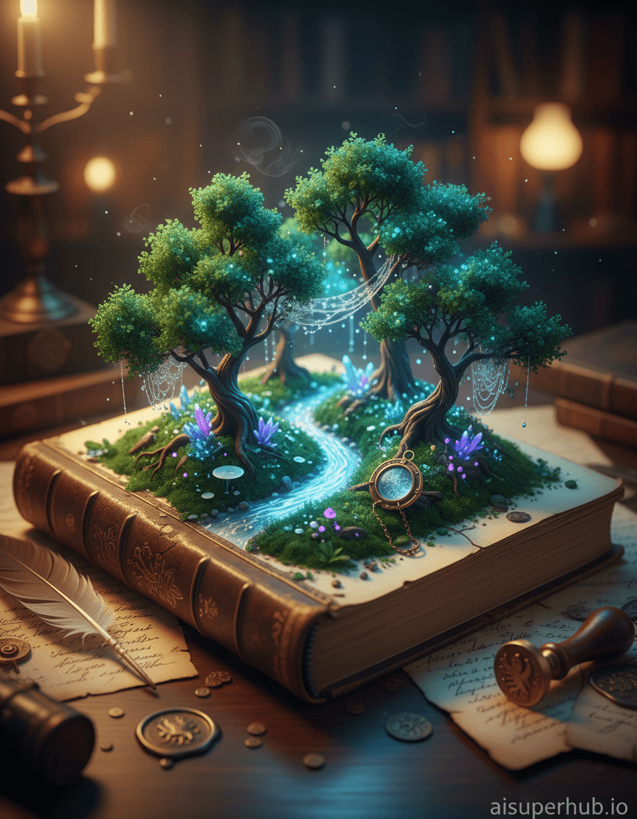 Create a hyper-realistic macro photograph depicting a miniature enchanted forest thriving within the weathered pages of an ancient, open leather-bound book for the Lifestyle portraits. The book lies flat, its aged cover showing cracks and faded gold embossing. From between its yellowed, slightly curled pages, a vibrant, bioluminescent forest sprouts, complete with miniature, gnarled trees, glowing moss, and tiny, crystalline fungi. A barely visible, delicate silver mist weaves through the microscopic canopy. Details to include: intricate, glowing spiderwebs strung between page edges; tiny, sparkling dew drops clinging to moss; a miniature, ethereal river winding through the spine of the book; pages slightly warped by the internal humidity of the forest; an antique compass charm half-buried in the 'forest floor'. The book rests on a dark, polished wooden desk, scattered with other vintage curiosities like an old quill, a wax seal stamp, and loose, handwritten parchment. The background blurs into a soft, warm glow, suggesting a cozy, dimly lit study or library setting, adding depth without distracting from the central spectacle. Soft, ethereal backlight emanates from within the tiny forest itself, casting long, delicate shadows of the miniature trees across the pages. This magical glow creates a sense of wonder and enchantment, highlighting the intricate details and giving the scene an otherworldly, captivating warmth. Overhead, a subtle, warm spotlight gently illuminates the book's cover, emphasizing its ancient texture. Rich earth tones for the book and desk, vibrant emerald greens and luminescent blues/purples for the forest, with hints of silver and gold for magical elements. Overall warm, inviting hues with cool, mystical accents. A breathtaking fusion of ancient history and fantastical nature, evoking a profound sense of discovery, magic, and serene wonder. Ultra-detailed macro photography, magical realism, renaissance chiaroscuro, dreamlike, high contrast, depth of field, 8k, cinematic, incredibly detailed. overlay text 'aisuperhub.io' at the bottom.