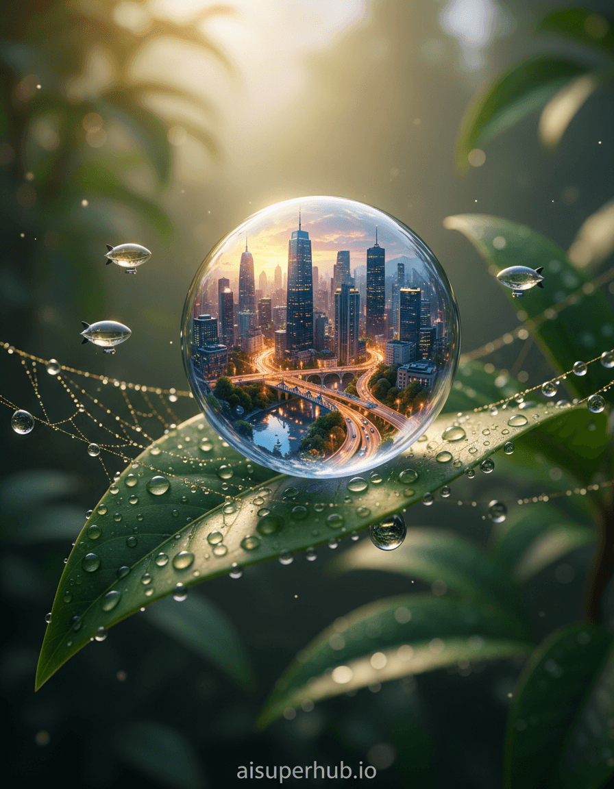 Create a hyper-realistic macro photograph depicting an intricate, bustling cityscape encapsulated within a single, glistening dewdrop for the Micro art. This scene reveals a vibrant metropolis with towering skyscrapers, intricate bridges, and flowing avenues, meticulously constructed inside the spherical water droplet. Luminescent vehicles navigate miniature streets, showcasing impossible detail and life within its tiny confines.Details to include: Microscopic airships floating around the dewdrop, discernible windowpanes on miniature buildings reflecting internal city lights, and a tiny, reflective river flowing through the urban landscape.The dewdrop city rests on a shimmering spiderweb strand, anchored to a vibrant green leaf covered in smaller water droplets. The background is a soft, dreamlike blur of lush garden foliage and distant morning mist, creating a serene, magical natural setting contrasting the miniature world.Soft, golden hour light filters through surrounding leaves, casting warm, ethereal highlights on the dewdrop, illuminating the city within with a magical glow, evoking wonder and delicate beauty. The color palette features vibrant blues, deep greens from foliage, shimmering golds from the sun-kissed web, and hints of soft purples reflecting off the dewdrop's surface. The mood is enchanting, awe-inspiring, and dreamlike, inviting viewers to get lost in its impossible scale.Hyperrealistic, fantasy art, photorealistic, intricate, detailed, ethereal, studio lighting, overlay text: 'aisuperhub.io' at the bottom.