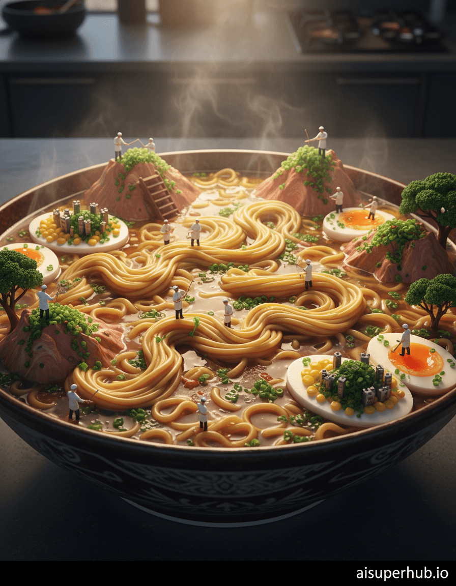 Create a hyper-realistic panoramic photograph depicting a miniature civilization thriving within a ramen bowl for the Food photography. The vast expanse of perfectly cooked ramen noodles unfurls like golden, winding rivers, carving channels through an edible landscape. Tiny, intricate scenes unfold on crisp pork chashu mountains and soft-boiled egg islands, depicting miniature chefs harvesting micro-greens and tiny diners enjoying their "cities" built from corn kernels and seaweed flakes. Details to include: Miniature ramen bowls and chopsticks held by tiny figures, steam rising from broth "lakes" creating atmospheric mist, microscopic texture on each noodle strand, reflection of overhead studio lights on the broth surface, individually rendered scallion "trees". The immediate area around the ramen bowl is a pristine, minimalist dark culinary studio countertop, showcasing only the majestic bowl as the focal point. The background recedes into a soft, out-of-focus blur, hinting at a larger, elegant kitchen setting, emphasizing the immense scale of the food landscape within the bowl. Dramatic, warm, and inviting studio lighting, with a strong key light highlighting the glossy broth and the intricate textures of the "landscape." Soft rim lighting defines the edges of the noodle rivers and chashu mountains, evoking a sense of awe and mouth-watering deliciousness, as if the miniature world is bathed in an edible golden hour. Color palette specification: Rich umber and deep amber for the broth, vibrant greens for the scallion forests, golden hues for the noodles, crimson and pinkish-brown for the chashu peaks, and creamy whites and yellows for the egg islands. A harmonious blend of warm and earthy tones. Mood/atmosphere: Whimsical, epic, and utterly delicious, inviting viewers to marvel at the culinary micro-universe. Style summary: Hyper-realistic, cinematic food photography, macro-detailed, trompe l'oeil, fantasy art, photorealistic. overlay text: 'aisuperhub.io'