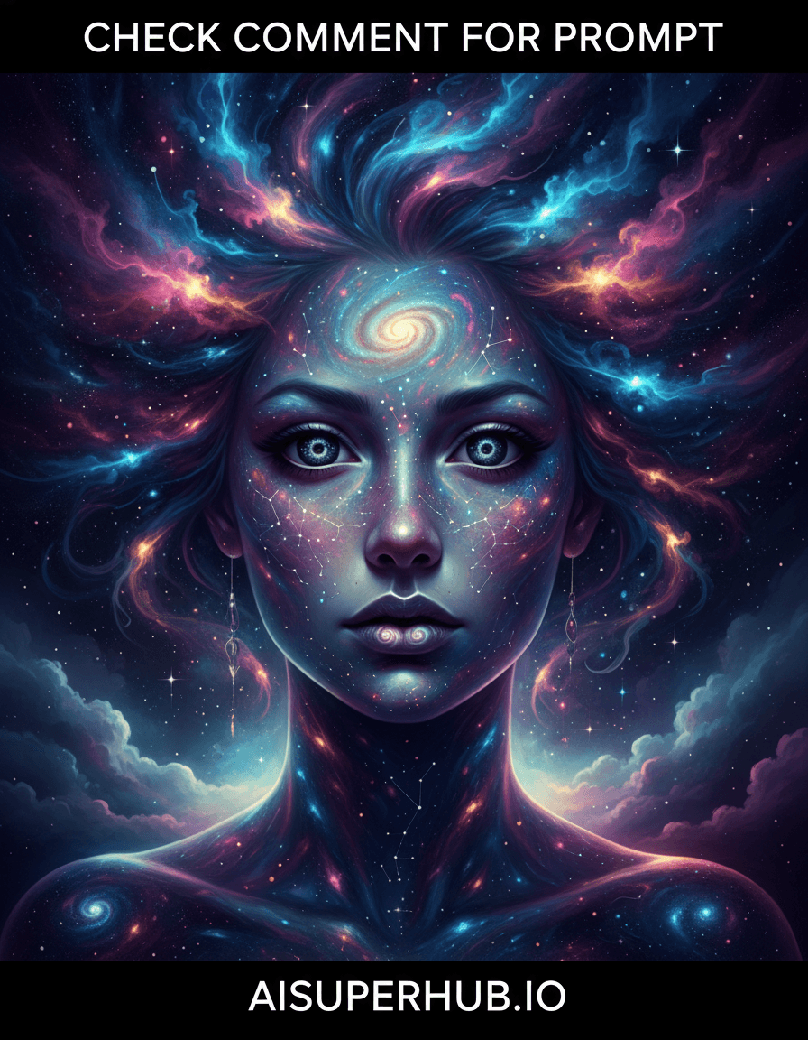 Create a hyper-realistic digital painting depicting a celestial woman for the Creative portraits women. A shoulder-up portrait of a woman with a serene, profound gaze. Her features, an intricate tapestry of nebulae and stardust, continuously shift and glow against a cosmic backdrop, embodying impossible beauty. Details to include: Her eyes are deep black holes reflecting distant galaxies. Lips: subtly pulsating, merging spiral galaxies. Hair: swirling, iridescent cosmic storm of blues, purples, pinks, trailing stardust. Luminous constellations as freckles across her ethereal cheeks. Overlay text 'Check Comment for Prompt' at top, 'aisuperhub.io' at bottom. The background is a deep, velvety expanse of space, dotted with twinkling stars and faint gas clouds, providing infinite depth. Soft, internal luminescence from her features casts an ethereal glow, evoking wonder and peace. Subtle backlighting from a distant supernova highlights her celestial hair. A rich palette of deep indigos, ethereal lavenders, vibrant fuchsias, shimmering golds, and stark blacks, punctuated by brilliant white and aqua. Awe-inspiring, serene, and profoundly mystical, evoking ancient cosmic wisdom. Hyper-realistic celestial art, ethereal digital painting, cosmic fantasy, photorealistic nebula textures, intricate detail, breathtaking visionary art.