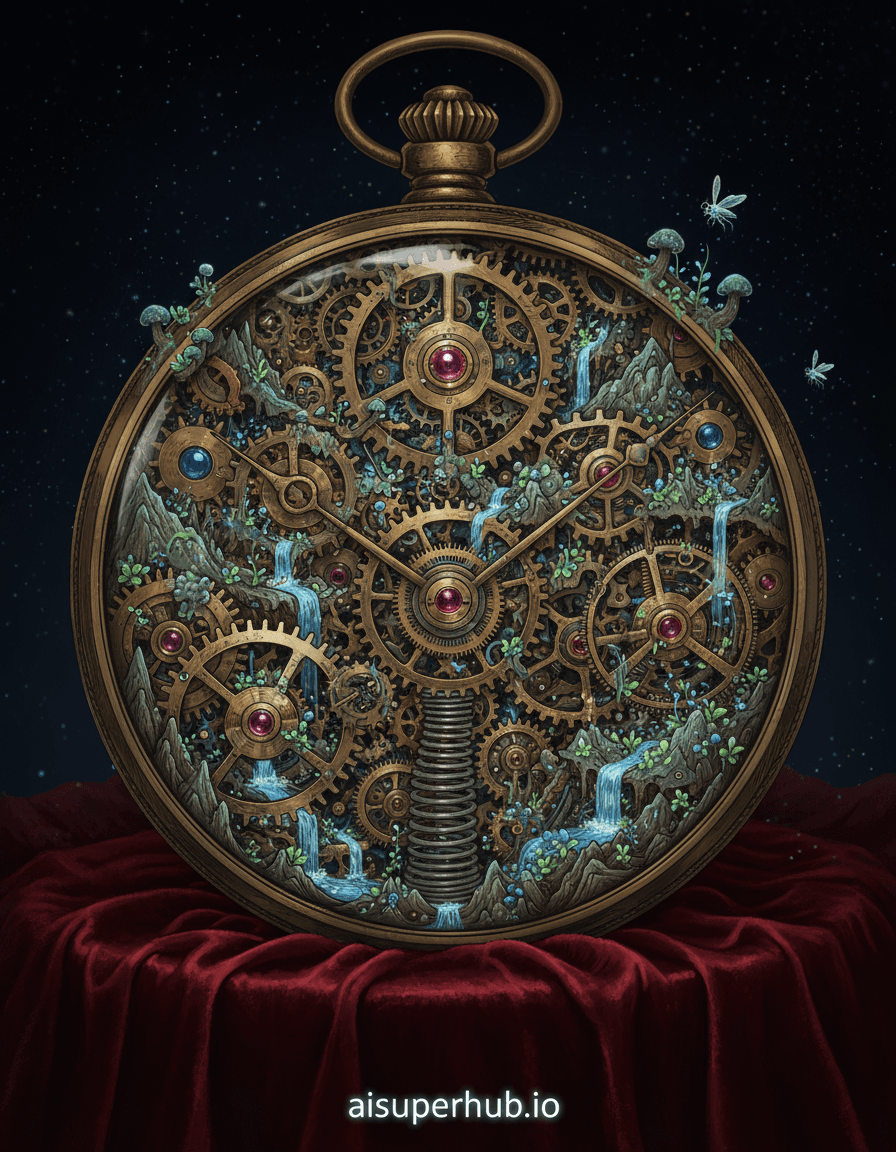 Create a hyper-realistic panoramic digital painting depicting a colossal, ancient pocket watch functioning as a self-sustaining miniature ecosystem for the highly detailed, hand-drawn, technical-style illustration. The intricate gears of the watch now serve as mountainous terrain, with tiny rivers flowing through the valleys formed by its springs. Delicate, bioluminescent flora sprouts from the brass and copper mechanisms, while miniature, ethereal creatures flit between the jewel bearings, which glow like tiny suns. Details to include: Micro-waterfalls cascading down the mainspring. Fungus-like structures growing on the watch hands, indicating the passage of geological time. A tiny, glowing hermit crab using a discarded watch cog as its shell. Dust motes illuminated by the internal light, revealing the immense scale. The entire watch-biome rests precariously on a vast, velvet-draped surface, implying it's an artifact of immense value or an experiment. The background is a deep, velvety abyss, with only faint, distant constellations visible, emphasizing the isolated, contained nature of this pocket universe. The subtle reflections on the polished watch case hint at an unseen observer. The lighting is a soft, internal luminescence emanating from the bioluminescent flora and the jewel bearings, casting long, dramatic shadows across the metallic landscape. This creates a sense of profound wonder and ethereal mystery, highlighting the delicate balance of life within the mechanical structure. A rich palette of aged brass, tarnished copper, deep emerald greens, sapphire blues, and ruby reds, contrasted with soft, glowing whites and purples from the bioluminescent elements. A mood of awe-inspiring serenity and fantastical discovery, evoking both the grandness of nature and the precision of engineering. Hyperrealistic, intricate detail, steampunk fantasy, miniature world photography, dreamlike quality, highly rendered, digital art. Overlay text at the bottom: 'aisuperhub.io'