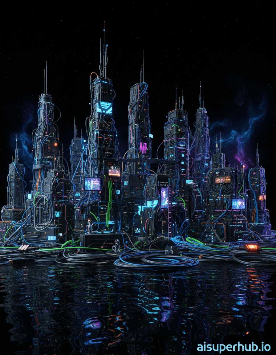 Create a hyper-realistic panoramic photograph depicting a futuristic city skyline meticulously constructed from tangled headphone cables and various electronic wires for the Street style. The sprawling metropolis rises from a dark, reflective surface, its towering skyscrapers, intricate bridges, and sprawling districts intricately formed by coiled, braided, and looped wires. Tiny, glowing LED lights, like digital stars, illuminate specific architectural features, hinting at the bustling life within this wired world. The perspective is slightly elevated, looking across the vast expanse of the cable city. Details to include: Miniature, flickering digital advertisements projected onto flat sides of particularly wide cable structures. Tiny, microscopic figures, possibly robotic, navigating narrow pathways between braided wires. Small, glowing data packets zipping along fiber optic 'roads'. The distinct textures of different cable types: smooth rubber, braided cloth, metallic shielding. A faint, ethereal hum emanating from the city, subtly implied through visual cues like slight vibrations in the air. The backdrop is a vast, inky blackness, emphasizing the isolation and artificial brilliance of the city. Scattered in the deep distance are faint, swirling nebulae of pure data streams, suggesting a digital cosmos beyond the wired city limits. The immediate foreground shows a slightly blurred, reflective surface, mirroring the lower parts of the cable structures, creating an illusion of depth and watery reflection. The lighting is dramatic and cyberpunk-inspired, with deep shadows contrasted by sharp, vibrant neon glows in electric blues, purples, and greens emanating from the city's internal components. Specific areas are backlit by soft, ambient light sources, creating silhouettes and depth, intending to evoke a sense of awe, mystery, and technological wonder. Dominantly dark grays, blacks, and deep indigos for the wires, contrasted with electric neon blues, vibrant purples, sharp greens, and occasional fiery oranges for the glowing elements. Awe-inspiring, futuristic, and slightly melancholic, contemplating the complexity and potential isolation of a digital future. Photorealistic, high-detail macro photography, cyberpunk aesthetic, digital art, ultra-hd, cinematic, concept art, overlay text 'aisuperhub.io' at the bottom.