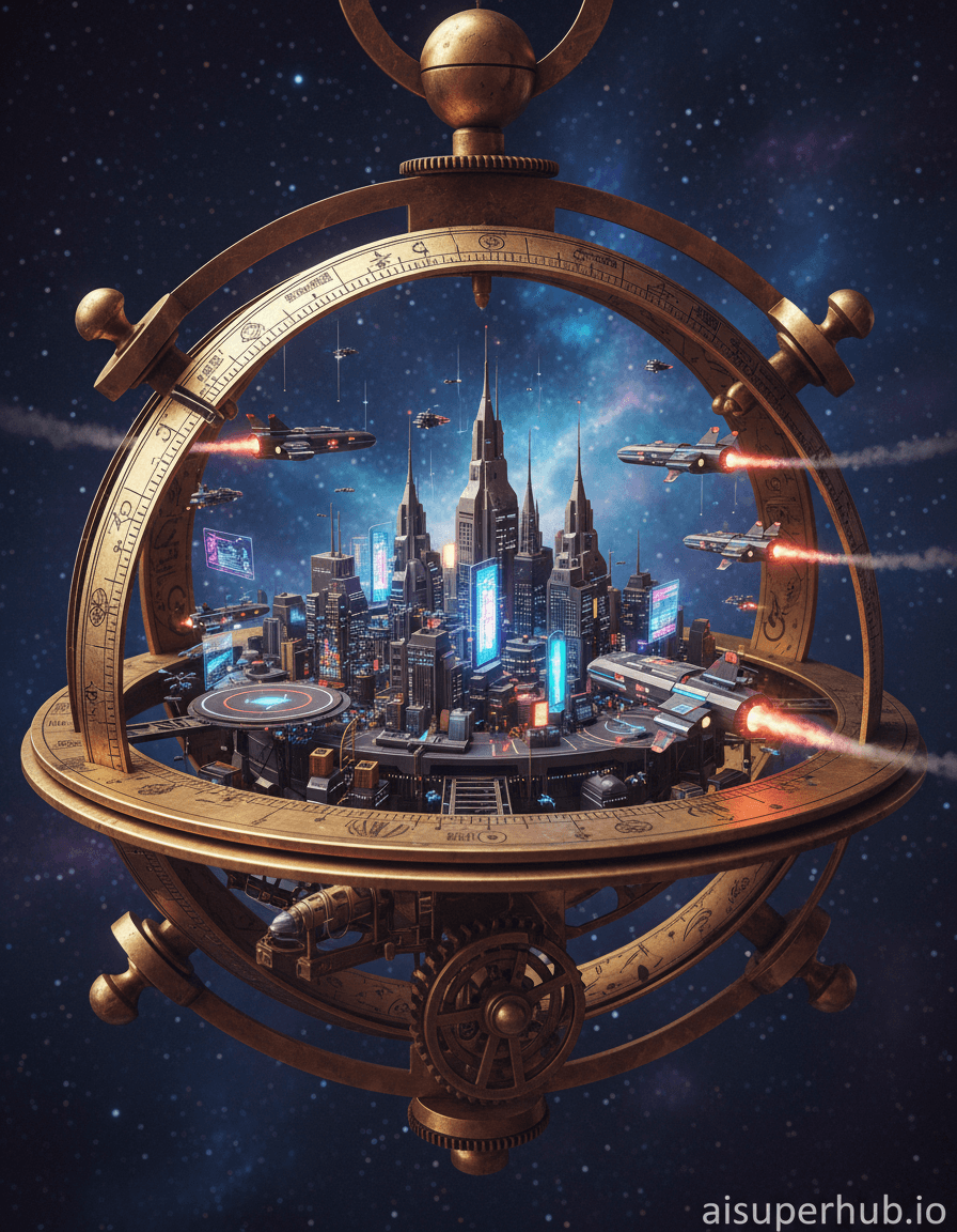 Create a hyper-realistic macro photograph depicting a bustling miniature spaceport city contained within a vintage, ornate astrolabe, for the hyper-realistic isometric 3D render. Inside the astrolabe's brass rings, a futuristic spaceport teems with activity. Tiny starships, engines glowing, dock at gleaming towers and launch into the contained cosmic void. Internally lit buildings form a vibrant urban tapestry. Details to include: microscopic landing pads with flashing lights; tiny maintenance drones; minute holographic displays; faint exhaust trails; intricate cargo lifts. The aged brass astrolabe, with delicate clockwork, floats suspended in an infinite, star-studded cosmic void. Distant, swirling nebulae provide a breathtaking backdrop, implying a self-sufficient, contained universe. Primary light from city and ship engines casts dynamic, vibrant glows, contrasted by cool ambient light from the cosmic background. This evokes awe, technological marvel, and the immense potential of contained worlds. Deep space blues and purples dominate, punctuated by electric neons of red, orange, cyan from city lights. The astrolabe provides warm, antique gold and bronze tones. An awe-inspiring, intricate, technologically advanced cosmos with antique mystery. Hyper-realistic macro photography, cinematic 3D render, sci-fi fantasy, steampunk influence, impossible scale, highly detailed, dramatic, miniature world, epic. overlay text: 'aisuperhub.io' at the bottom, subtle.