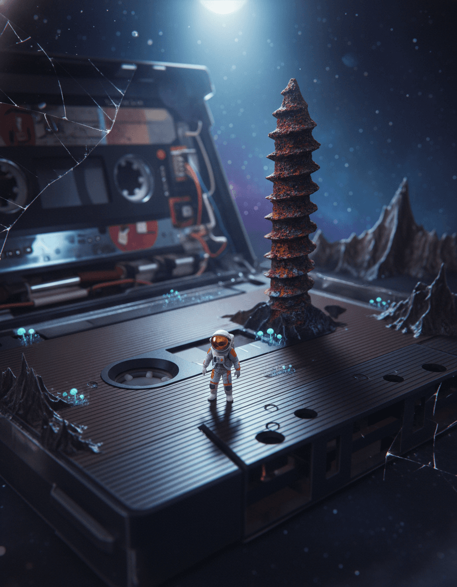 Create a hyper-realistic macro photograph depicting a tiny astronaut exploring a cosmic landscape for the hyper-realistic isometric 3D render of a miniature. A lone, highly detailed astronaut, no bigger than a grain of rice, carefully traverses the rippled magnetic tape of an old audio cassette. Their tiny footsteps leave microscopic indentations on the metallic surface, which stretches out like an undulating, dark alien desert underfoot. The astronaut gazes up at a giant, rusted metal screw looming in the distance, resembling a monumental, ancient alien tower. Details to include: The astronaut's reflective visor showing a distorted reflection of the 'sky,' microscopic dust particles resembling space debris, frayed edges of the cassette tape appearing as jagged mountain ranges, intricate rust patterns on the giant screw, tiny, bioluminescent fungi growing in the tape's grooves. The backdrop is a blurred, deep space vista, achieved by the extreme shallow depth of field, with faint, distant stars and nebulae shimmering in the dark. The entire scene is contained within the confines of an open, slightly cracked vintage cassette player, with the inner mechanisms subtly visible as distant, complex alien machinery. The glossy plastic case of the cassette glimmers faintly, reflecting unseen light sources, forming a cosmic void around the immediate exploration zone. Dramatic, low-key lighting with a single, sharp light source emanating from above, casting long, stark shadows across the textured tape, creating a sense of isolation and vastness. The light has a cool, bluish hue, evoking the desolation of deep space, yet with a subtle warmth from the tiny astronaut's suit, hinting at resilience. A rich, muted palette of deep blues, purples, and grays for the background, contrasted with the earthy rust tones of the screw and the dark, metallic sheen of the tape. The astronaut's suit features hints of stark white and deep orange, providing a focal point. A profound sense of cosmic wonder, isolation, and adventurous discovery. Macro photography, highly detailed, sci-fi art, surrealism, miniature photography, intricate, photorealistic, cinematic, epic scale. aisuperhub.io