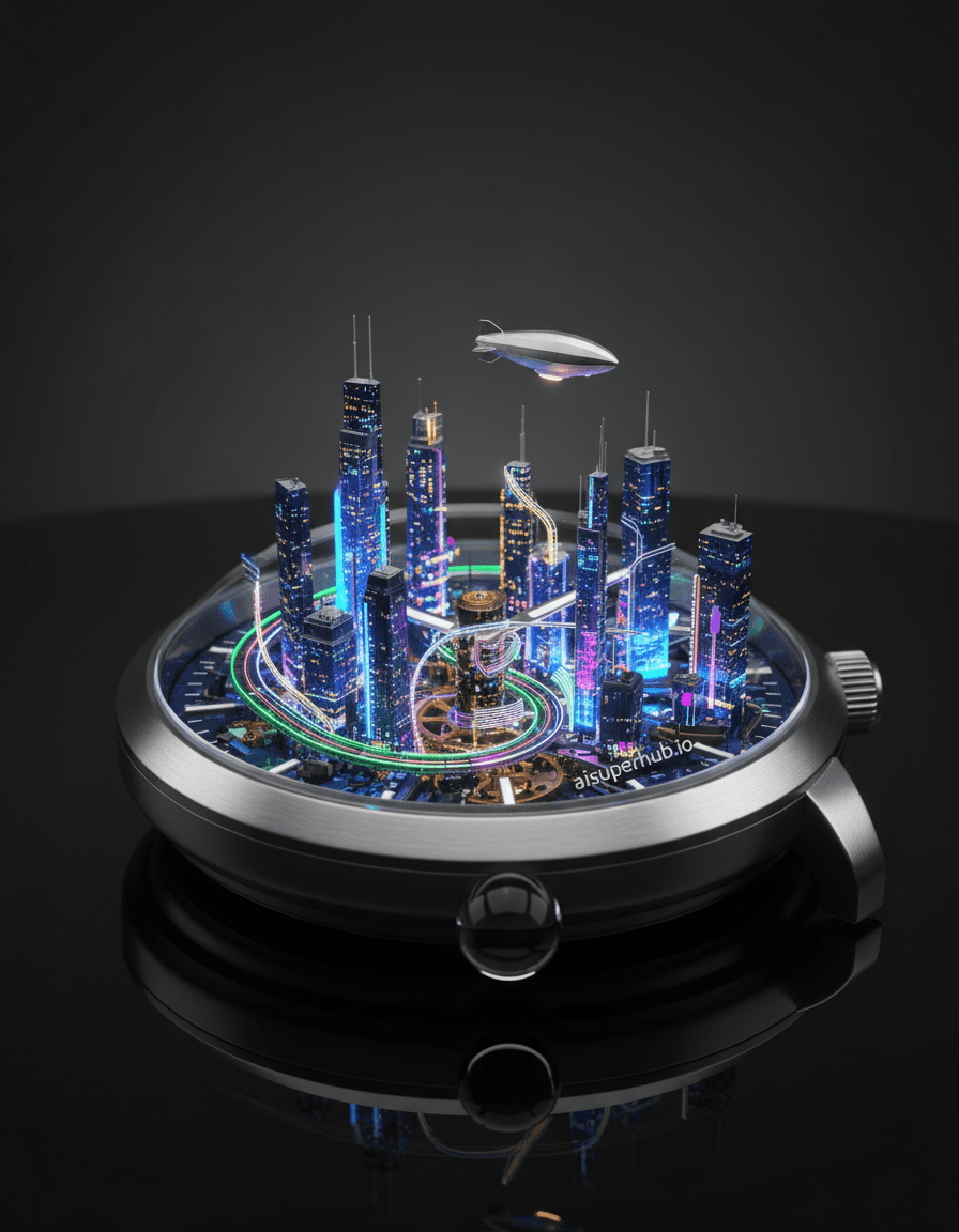 Create a hyper-realistic photograph depicting a luxury wristwatch whose intricate gears and mechanisms morph into a bustling, futuristic cityscape for the Accessories shots. The primary focus is on the miniature world contained within its inner workings. Tiny holographic skyscrapers pierce through what were once cogs, and miniature monorails glide along a watch spring-turned-highway, seamlessly integrated within the watch's transparent casing. Details to include: Miniature, glowing data streams flowing between the 'buildings' made of watch components; a tiny, almost imperceptible airship shaped like a watch hand, floating above the city; reflections of the miniature city on the polished crystal of the watch; a single, perfectly rendered dewdrop on the watch casing, magnifying a street below. The watch rests on a smooth, obsidian surface, reflecting the faint glow of the miniature city. The surrounding space is dark and minimalist, emphasizing the intricate detail within the accessory, creating dramatic contrast between the macro scale and the micro-world it contains. Dramatic, chiaroscuro lighting, with soft, ambient backlighting emanating from the miniature city itself, casting a subtle, ethereal glow that highlights the delicate structures. The overall intent is to evoke a sense of wonder, sophistication, and technological marvel, drawing the viewer into the impossible scale. Color palette: Deep blues, electric purples, silver, and gold, with hints of neon green and pink for the city lights, all against a stark, deep charcoal background. Mood/atmosphere: Awe-inspiring, futuristic, luxurious, and magically intricate. Style summary: Hyper-realistic photography, high-detail macro, sci-fi fantasy, luxurious product shot, impossible architecture. add credits 'aisuperhub.io'
