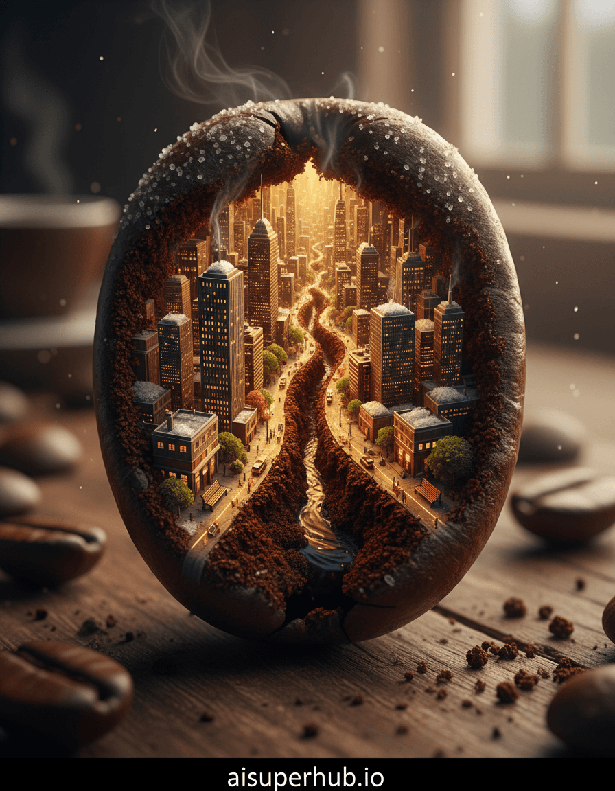 Create an extreme close-up, hyperrealistic macro photograph depicting a bustling miniature cityscape meticulously carved and built within the confines of a single roasted coffee bean. The cityscape features tiny, glowing skyscrapers crafted from polished coffee grounds, with intricate roads made of delicate coffee bean fragments winding between them. Miniature, glowing vehicles resembling fireflies navigate these thoroughfares, and tiny figures, no bigger than dust motes, can be seen bustling on the sidewalks. The entire scene is nestled within the natural crevice and texture of the bean. Details to include: Tiny, illuminated windows in the coffee-ground skyscrapers, miniature park benches made from slivers of bean husk, steam rising from tiny coffee cup-shaped structures, a minuscule flowing river of dark espresso, and an ultra-fine layer of 'snow' made from sugar crystals dusting the rooftops. The coffee bean itself rests on a distressed wooden table, slightly out of focus, with a scattering of other coffee beans and some loose coffee grounds nearby, suggesting a wider, ordinary kitchen environment. The surface of the bean reveals its natural oils and intricate textures, acting as the foundation for this hidden world, with its central crevice forming the main canyon for the city. The city within the bean is self-illuminated with a warm, golden glow emanating from within its structures, casting soft, inviting light that creates a sense of wonder and coziness. This contrasts with the subtle, natural ambient light from a nearby window, creating a serene and magical atmosphere. A rich palette dominated by deep browns and ochres from the coffee bean, interspersed with vibrant golden yellow, amber, and warm white from the city lights, and hints of deep red from miniature espresso elements. The mood is one of enchanting discovery and intricate, bustling serenity. Hyperdetailed macro photography, magical realism, diorama, miniature art, trompe l'oeil, golden hour glow, cinematic, 8K, unreal engine. At the bottom, an overlay text 'aisuperhub.io' in a clean, sans-serif font.