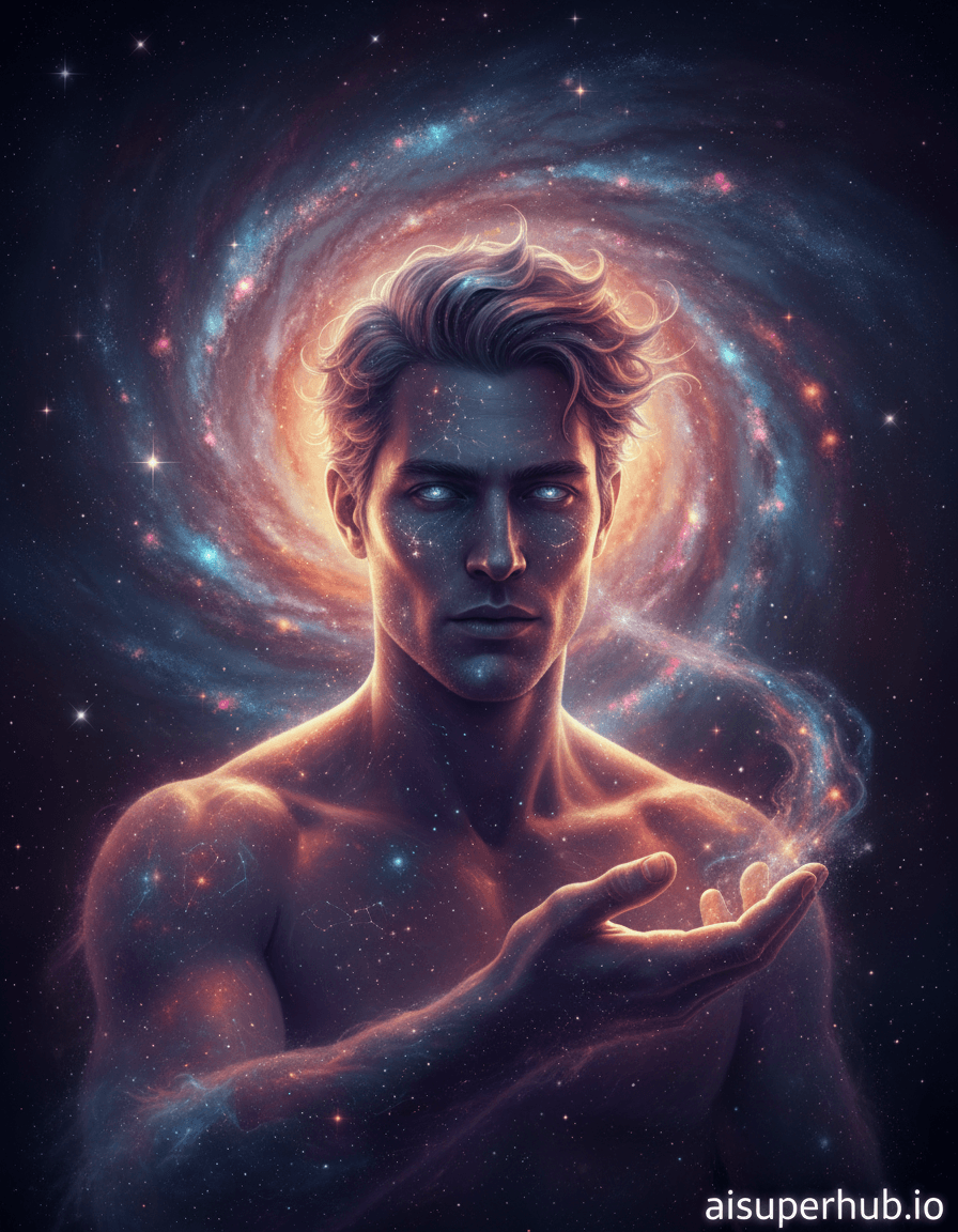 Create a hyper-realistic cinematic portrait depicting a man as a living, breathing nebula for the Creative portraits men. The man's face and upper torso emerge from a swirling cosmic cloud, his features subtly defined by starlight and nebular gas. His eyes glow faintly, reflecting distant galaxies within their depths, suggesting immense wisdom and universal connection. Details to include: Whisps of cosmic dust outlining his jawline and hair. Tiny, glittering stardust particles suspended within his skin texture. One hand gently reaching out, dissolving into a trail of luminous gas. Subtle cosmic patterns resembling constellations etched into his cheekbones. His expression is serene, yet profoundly powerful, a quiet sentinel of the cosmos. The man is situated within the heart of a vibrant, iridescent galaxy, with swirling arms of luminous gas and dust stretching into the deep, inky blackness. Distant, sparkling star clusters punctuate the cosmic canvas, creating an infinite sense of scale. The background transitions seamlessly from defined galactic structures near him to a more diffuse, mysterious abyss further out. The primary light source emanates from within the man himself, a soft, ethereal glow like a dying star, casting subtle shadows that define the contours of his face. Additionally, faint, shimmering starlight from the surrounding nebula backlights him, creating a majestic halo effect. The overall lighting is awe-inspiring and slightly melancholic, conveying the vastness of time and space. A breathtaking blend of deep purples, cosmic blues, fiery oranges, and soft pinks, accented by glittering gold and silver stardust. An ethereal, awe-inspiring, and profoundly contemplative mood, evoking both solitude and universal belonging. Photorealistic, cosmic fantasy, cinematic still, ethereal, hyperdetailed, astronomical art, conceptual portraiture, high-resolution. overlay text: 'aisuperhub.io'