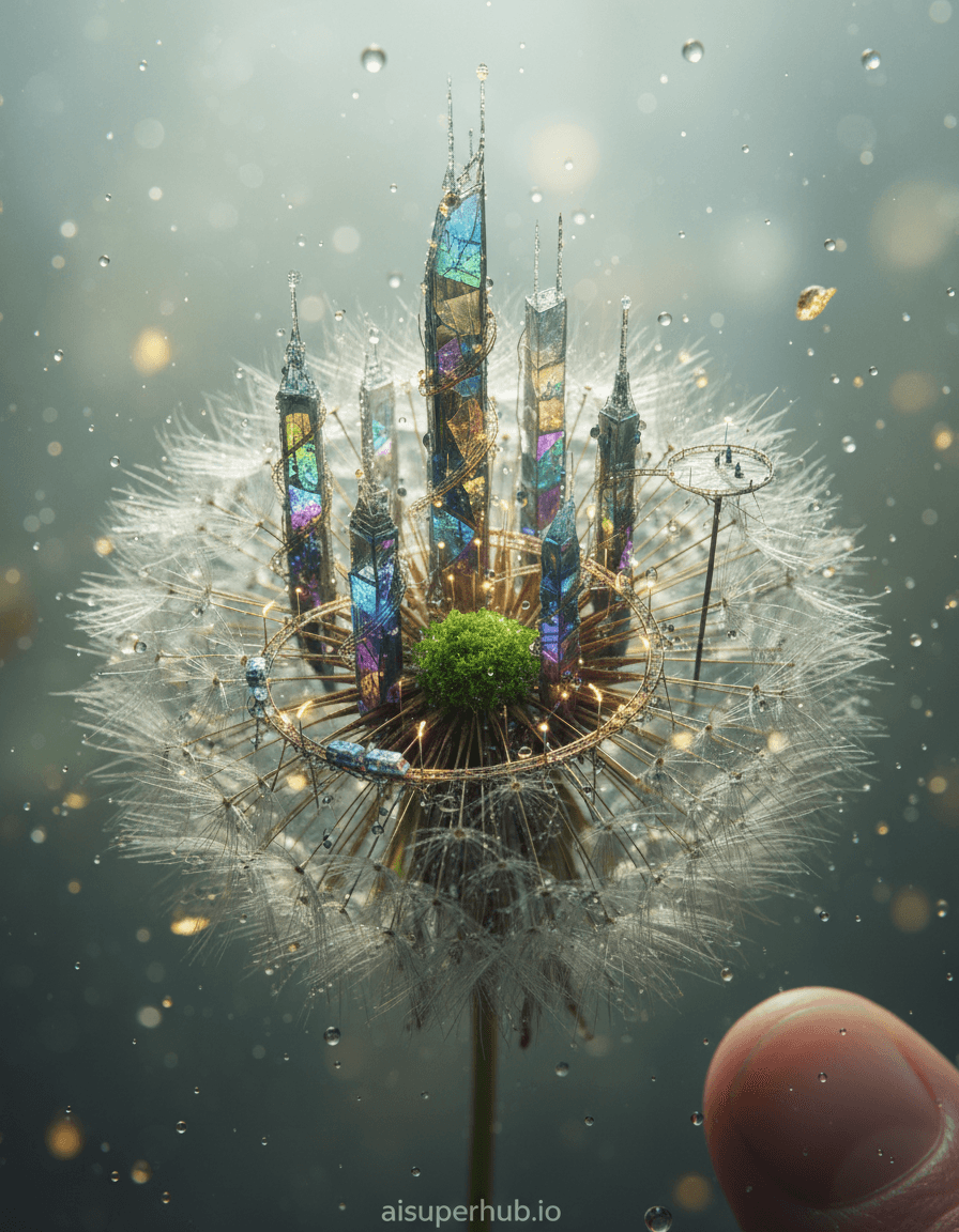 Create a hyper-realistic macro photograph depicting a bustling metropolis for the Micro art, thriving on the intricate, feathery surface of a single, dew-kissed dandelion seed. The seed's delicate parachute acts as towering, translucent skyscrapers, reaching into a misty, illuminated atmosphere, while its fibrous structure forms winding roads and intricate bridges connecting miniature districts. Tiny, bioluminescent vehicles navigate the glowing avenues, and microscopic figures can be seen bustling about their daily lives, illuminated by the city's internal glow. Details to include: Fluorescent streetlights crafted from crystallized sugar; buildings with iridescent insect wing fragments as windows; a miniature monorail system made from spider silk, carrying tiny passengers; a grand central park carved from a single, vibrant moss spore; an observation deck at the very tip of a dandelion filament, overlooking the urban sprawl. The dandelion seed itself floats gently in mid-air, surrounded by a soft, ethereal blur of sparkling dew drops and airborne pollen, creating an immense sense of scale contrast. The immediate surroundings are artfully out of focus, emphasizing the impossible intricacy of the micro-city. A single, colossal human fingertip is just barely visible at the very edge of the frame, hinting at the true monumental scale difference. Soft, glowing internal city lights cast long, intricate shadows across the fibrous cityscape, complemented by a gentle, diffused ambient light filtering through the misty atmosphere, evoking a sense of wonder and delicate mystery. The color palette features predominantly soft greens, luminous golds, subtle blues and purples for the city lights, contrasted with the natural earthy tones of the dandelion seed. The mood is an awe-inspiring and fantastical sense of miniature life thriving against all odds. Micro photography, highly detailed, fantastical realism, impossible architecture, dreamlike, chiaroscuro, high dynamic range, digital painting, epic scale contrast, add credits 'aisuperhub.io' at the bottom.