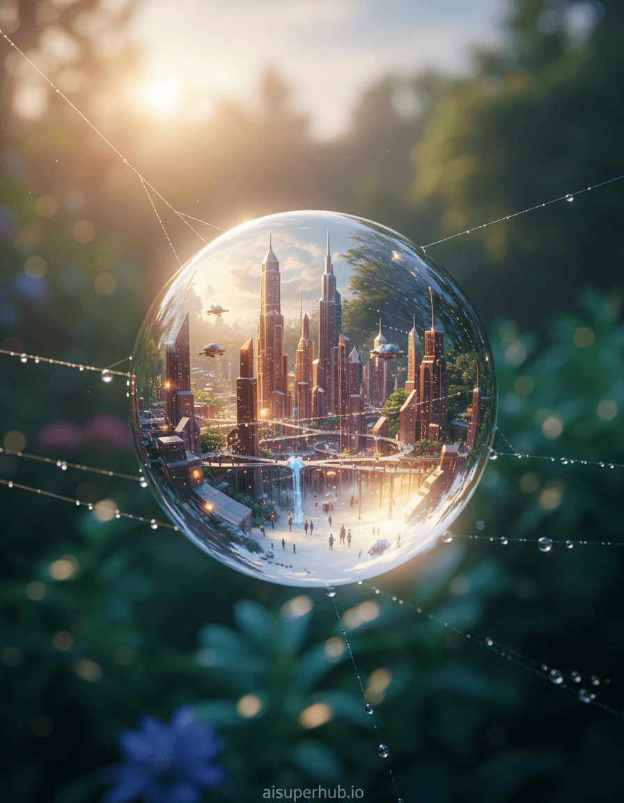 Create a hyper-realistic macro photograph depicting a microscopic city thriving within a single dewdrop suspended on a spiderweb for the Editorial style portraits. The dewdrop, perfectly spherical, acts as a transparent dome encasing an intricate, bustling metropolis. Tiny, bioluminescent structures glow within, revealing miniature flying vehicles zipping between skyscrapers that are barely visible to the naked eye, all contained within the water's surface tension. Details to include: Tiny, intricate pathways and bridges connecting the structures; Subtle refractions of light through the dewdrop, distorting and magnifying parts of the city; The delicate, almost invisible strands of the spiderweb cradling the dewdrop; Microscopic figures, almost like specks, moving purposefully within the city; Reflections of a distant, giant sky on the dewdrop's surface. The spiderweb is barely visible against a soft, unfocused backdrop of a lush, green garden at dawn. Blurred foliage and faint light sources suggest a larger, natural world beyond the tiny city's confines, emphasizing the incredible scale contrast. The overall impression is one of a hidden marvel, undiscovered by the human eye. Soft, ethereal golden hour lighting filters through the dewdrop, creating a warm, inviting glow within the city, hinting at industriousness and peaceful coexistence. Pockets of iridescent light glint off the structures, evoking a sense of wonder and delicate beauty. Primarily a cool emerald and sapphire palette for the surrounding nature, contrasting with warm amber and subtle bioluminescent blues and purples within the dewdrop city. A profound sense of hidden wonder and intricate miniature life, evoking awe. Hyper-realistic, macro photography, fantastical realism, trompe l'oeil, high detail, atmospheric, dreamlike, digital art, overlay text 'aisuperhub.io' at the bottom.