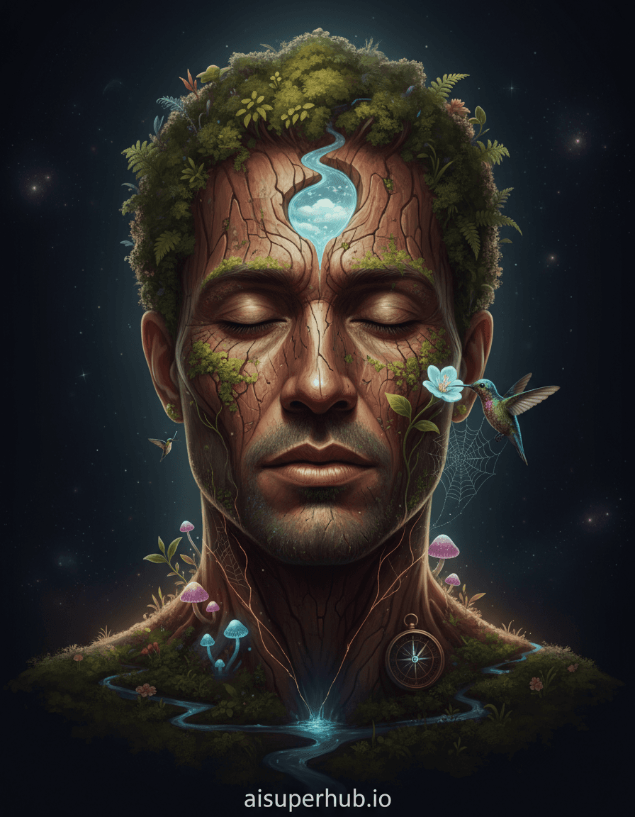 Create a hyper-realistic digital painting depicting a man's face as a living, intricate arboreal landscape for the Creative portraits men. The portrait captures a dignified man, his eyes closed in serene contemplation, as if deeply connected to the vibrant life emerging from his very being. His skin appears to be ancient bark, with moss and miniature ferns delicately sprouting from his temples and the contours of his cheekbones. A tiny, crystal-clear stream trickles along the subtle crease of his forehead, reflecting a hidden, miniature sky. Details to include: A miniature, glowing bioluminescent mushroom cluster nestled in the shadow of his jawline. A delicate hummingbird, no larger than a thumb, hovering near his ear, feeding from a tiny, impossibly perfect flower. Intricate root systems, resembling fine veins, visible beneath the "bark" skin, subtly pulsating with a soft light. A single, dew-kissed spiderweb spun between a sprout of a leaf and a strand of his hair, glinting with iridescence. A small, ancient-looking compass etched into the 'bark' on his neck, pointing north with a tiny, glowing needle. The background is a deep, velvety abyss, almost entirely consumed by shadow, ensuring the focus remains entirely on the man's face and its living transformation. Hints of cosmic dust or distant nebulae might subtly shimmer at the very edges, suggesting an infinite, universal scale to this intimate, micro-world. This stark contrast emphasizes the fragility and wonder of the life blossoming on his features. The lighting is soft, ethereal, and magical, emanating from within the miniature ecosystems themselves and casting a warm, gentle glow on the man's features. A subtle rim light from an unseen, celestial source outlines his profile, evoking a sense of ancient wisdom and divine connection. The overall emotional intent is awe, tranquility, and wonder. A rich, earthy palette of deep forest greens, mossy browns, and muted terracotta, contrasted with vibrant, glowing cyan and fuchsia accents from the bioluminescent elements. Subtle iridescence and pearlescent touches are present in the water and insect wings. A profoundly serene and mystifying atmosphere, inviting viewers to discover a hidden universe within the human form. Photorealistic macro photography, fantasy surrealism, botanical art, mixed media, digital painting, epic scale contrast, high detail, intricate textures. Add overlay text at the bottom: 'aisuperhub.io'