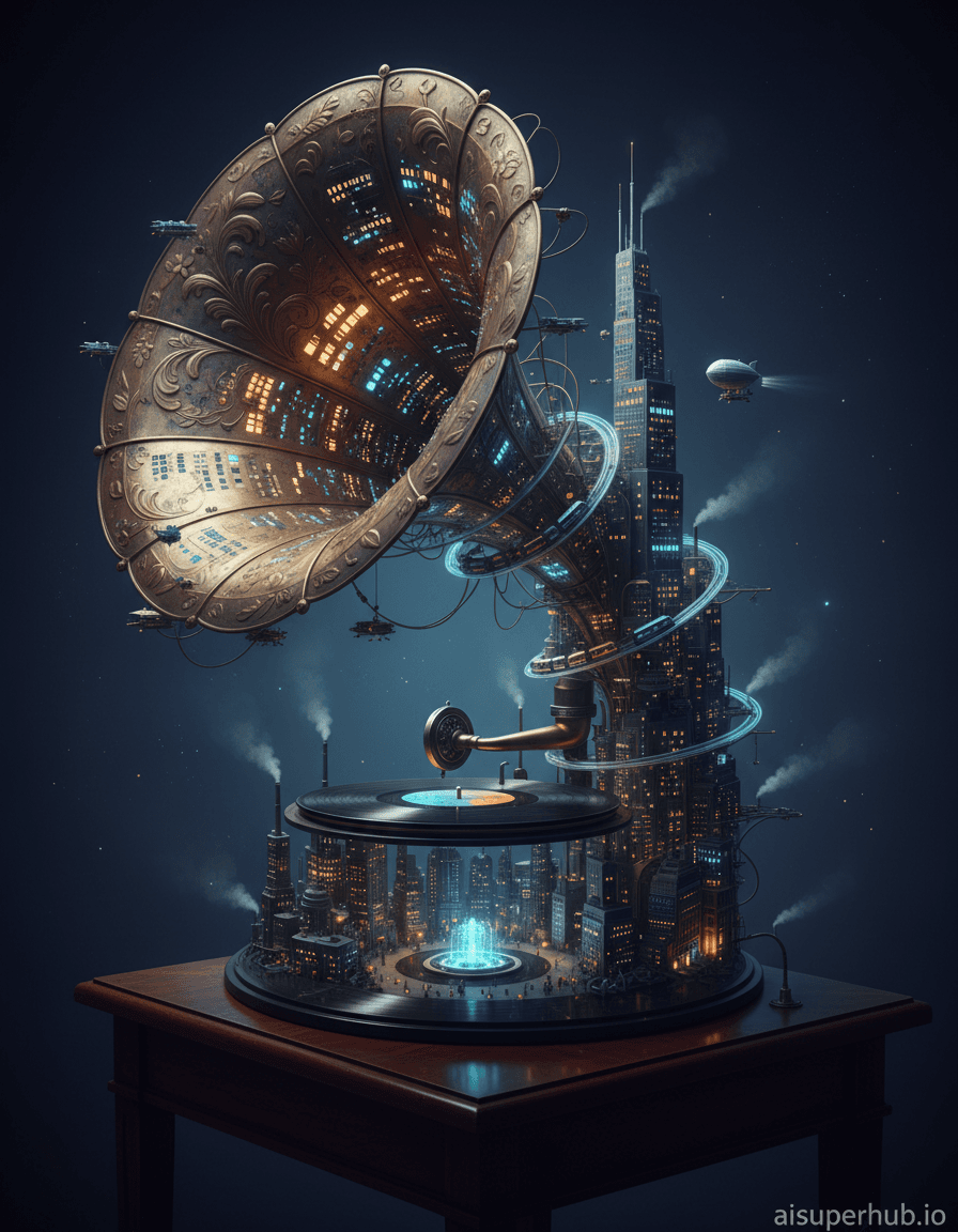 Create a hyper-realistic digital painting depicting a vintage gramophone for the cinematic double-exposure portrait poster seamless blend. The aged brass horn of an antique gramophone spirals upwards, its intricate floral engravings seamlessly morphing into the towering skyscrapers of a futuristic metropolis. Tiny, myriad illuminated windows of the buildings are precisely carved directly into the polished metal, while miniature flying vehicles and monorails weave between the 'ribs' of the horn, creating an impossibly detailed and bustling urban landscape contained within the instrument itself. Details to include: A delicate, textured vinyl record at the gramophone's base acts as a central circular plaza with a microscopic, glowing fountain; tiny power cables resembling musical notes snaking across the cityscape; a microscopic dirigible with faint exhaust trails floating elegantly between the building-like horn sections; faint steam rising from miniature industrial vents; and miniature figures visible within some windows. The gramophone itself rests on a dark, highly polished mahogany table, subtly reflecting the ethereal glow of the contained cityscape on its surface. The background is a deep, velvety indigo gradient that transitions to a soft cosmic void, with faint, distant star-like glimmers suggesting an infinite, mysterious space beyond this incredible, self-contained world. Dramatic, low-key cinematic lighting bathes the scene, casting long, elegant shadows that emphasize the architectural complexity of the transformed gramophone. A soft, ethereal glow radiates from within the 'city', creating a mesmerizing sense of bustling nocturnal energy and profound wonder. The overall effect should evoke a deep feeling of awe, discovery, and quiet contemplation. Color palette specification: Rich brass, aged bronze, deep navy and indigo blues, with vibrant accents of warm amber, electric cyan, and cool neon blues for the city lights and internal glow. Mood/atmosphere: Awe-inspiring, intricately detailed, and profoundly imaginative, inviting viewers to get lost in its impossible scale and hidden narratives. Style summary with artistic descriptors: Photorealistic, hyperdetailed, surrealism, steampunk, impossible architecture, dreamlike, cinematic, digital art, ultra HD, octane render, volumetric lighting, 'aisuperhub.io' credit overlay at the bottom.