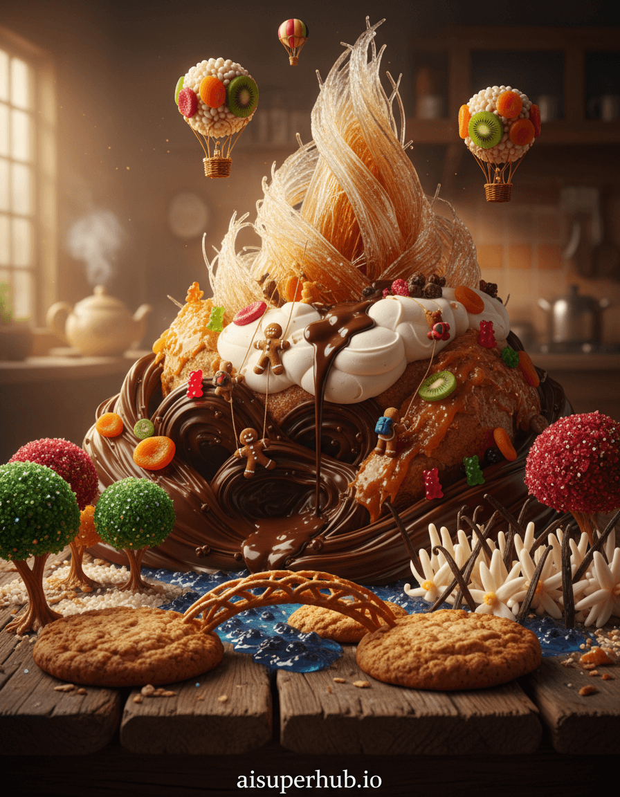 Create a hyper-realistic vibrant still life depicting a fantastical dessert landscape for the Food photography. A towering, architecturally impossible dessert creation resembling a whimsical mountain range, with peaks made of spun sugar and valleys carved from creamy ganache. Tiny edible characters, like gingerbread explorers and gummy bear mountaineers, navigate the sugary terrain, creating a sense of playful adventure. Details to include: A waterfall of melted chocolate cascading down a meringue cliff. Miniature edible hot air balloons made of puffed rice and fruit slices floating above. Candied fruit trees with sparkling edible glitter 'leaves.' A tiny river of blueberry compote winding through a vanilla bean forest. A delicate bridge crafted from pretzel sticks connecting two cookie plateaus. The dessert landscape rests on an ancient, rustic wooden table, softly lit by a hidden window. The background is a gently blurred, warm kitchen scene, hinting at a cozy domestic setting without distracting from the main subject. Subtle steam rises from a distant, unseen teapot, adding to the inviting ambiance. Soft, warm, and inviting rim lighting from the top-left, emphasizing the textures and sheen of the edible elements, with a hint of dramatic contrast to make the sugary peaks glow. The overall intent is to evoke wonder and deliciousness, making every detail look appetizing. Rich pastels, vibrant fruit colors, deep chocolate browns, creamy whites, and sparkling golds, creating a harmonious and appetizing spectrum. Whimsical, enchanting, and utterly delectable. High-resolution macro photography, hyper-realistic, fantasy food art, intricate details, bokeh background, award-winning food photography, surrealism, deliciouscore, with an overlay text at the bottom 'aisuperhub.io'.