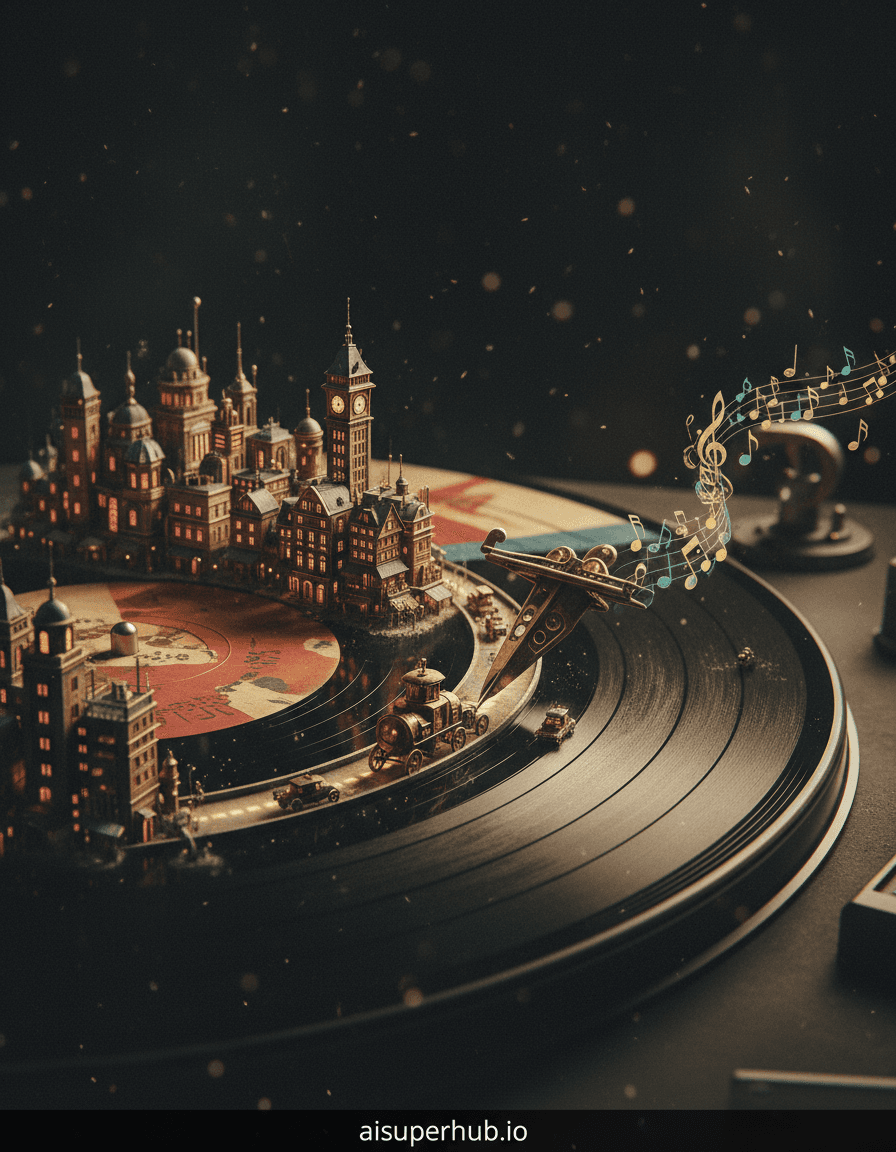 Create a hyper-realistic macro photograph depicting a miniature city built on a vinyl record for the Vintage edits. A colossal phonograph needle meticulously navigates a transformed groove, now a bustling street within a sprawling, minuscule metropolis. The city's intricate structures emerge directly from the record's textured vinyl surface. Details to include: Tiny, warmly lit building windows; miniature vehicles from dust motes on groove-roads; faint musical notes visibly emanating from the needle's tip; an antique clock tower from a label fragment; and subtle, authentic record surface wear. The background is a deeply blurred, rich dark void, making the city pop. Magnified dust motes float like distant nebulae; a faded record label forms an abstract horizon. The scene is framed by a vintage turntable's platter, revealing a secret universe. Dramatic, low-key lighting from above and left casts long, soft shadows, emphasizing vinyl textures. The light evokes awe and discovery with a warm, nostalgic glow. Muted sepia, deep charcoal, warm amber city lights, and faded blues/reds from the label create a timeless, antique palette. A mood of profound wonder and nostalgic discovery, like unearthing a vibrant, forgotten universe. Macro photography, steampunk aesthetic, retro-futuristic, hyper-detailed, vintage filter, cinematic composition, trompe l'oeil, magical realism, overlay text 'aisuperhub.io' at the bottom.