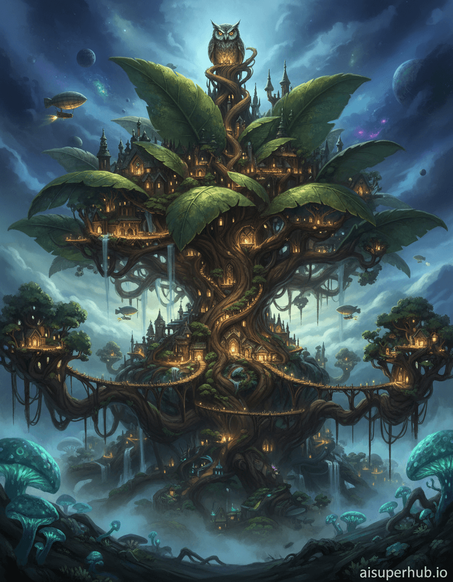 Create a hyper-realistic digital painting depicting a colossal, ancient tree whose branches form an entire floating city, meticulously carved into its bark and leaves for the Cinematic color grading. Imagine a bustling metropolis thriving within the organic architecture of an impossibly large tree. Elaborate wooden bridges connect massive limbs, while intricate root systems dangle like ancient infrastructure, supporting tiered districts carved into the bark itself. Details to include: Tiny glowing orbs acting as streetlights along the branch-roads, miniature airships navigating between leaves, waterfall-like moss cascading from high-rise bark dwellings, a wise old owl perched on the highest spire, its eyes reflecting the city lights. The tree-city is set against a backdrop of an alien, twilight sky, painted with swirling nebulae and distant, unseen planets. Below, a mysterious, shimmering mist shrouds the ground, hinting at forgotten lands, while colossal bioluminescent fungi emit a soft glow from the forest floor, partially visible through the gaps in the city's roots. Dramatic, ethereal lighting emanates from within the city itself, casting warm, golden glows on the wooden structures and creating deep, contrasting shadows that emphasize the scale. Soft, ambient moonlight filters through the upper canopy, imparting a sense of ancient wisdom and serene wonder, fostering a feeling of awe and discovery. Rich emerald greens, deep earthy browns, luminous golds and ambers, with accents of soft blues and purples in the distant sky and mist. An awe-inspiring and mystical atmosphere of vibrant life harmoniously intertwined with colossal, ancient nature, imbued with a sense of hopeful resilience. Epic fantasy, photorealistic, intricate detail, organic architecture, magical realism, concept art, high fantasy illustration, volumetric lighting, digital masterpiece. Overlay text: aisuperhub.io