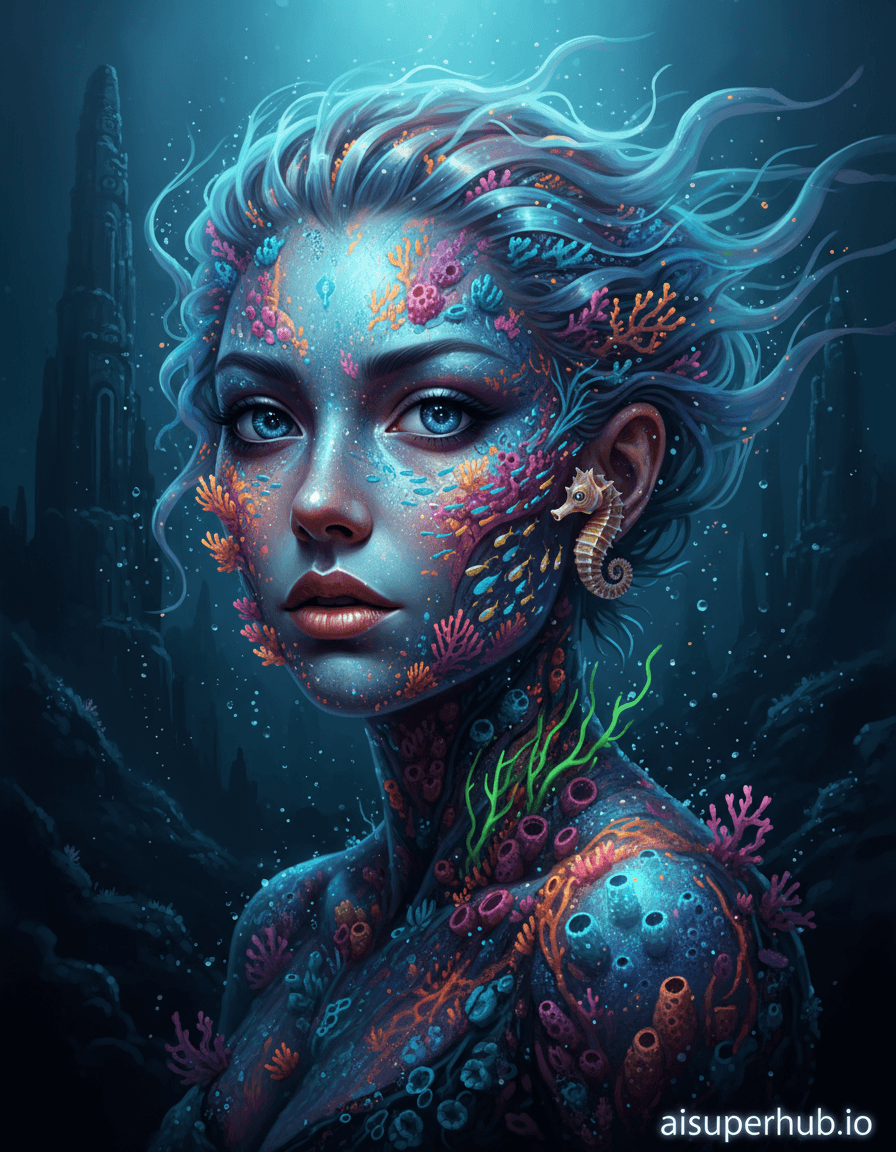 Create a hyper-realistic digital painting depicting a woman's face intricately transformed into a bioluminescent coral reef for the Creative portraits women. Her eyes are deep, reflective pools mirroring distant starlight, while her lips are formed by delicate, pulsating anemones. Her skin is a living tapestry of vibrant corals and sponges, with hair flowing like translucent jellyfish tendrils caught in a gentle current. Details to include: Tiny, glittering shoals of fish navigating through coral formations on her cheekbones; a delicate seahorse peeking from behind an earlobe of swirling shell; phosphorescent algae glowing along her jawline; exquisite water droplets beading on the "skin" surface; one eye reflecting a distant manta ray. The portrait is set against a vast, deep-sea abyss, softly illuminated by ethereal light from above. Ghostly outlines of colossal, ancient rock formations add mystery to the murky distance. Wisps of particulate matter drift lazily, catching faint light. Soft, deep-sea bioluminescence emanates from coral structures and creatures, casting an otherworldly, serene glow. This gentle, mysterious lighting highlights intricate textures and vibrant colors, conveying profound tranquility. A rich, deep oceanic palette features luminous aquamarines, vibrant fuchsias, electric blues, warm corals, shimmering golds, contrasted with dark, inky blacks. Ethereal, mysterious, and profoundly serene, inviting deep contemplation. Hyper-realistic, fantasy art, digital painting, photorealistic textures, surrealism, intricate detail, glowing effects, cinematic quality, high resolution, award-winning. Overlay text: 'aisuperhub.io'