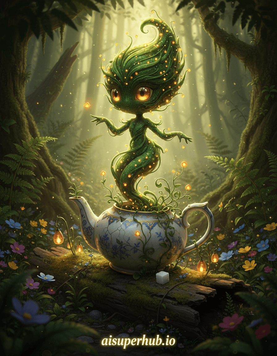 Create a hyper-realistic digital painting depicting a mystical forest spirit emerging from an abandoned porcelain teapot for the 3D chibi-style miniature design of a whimsical. The tiny spirit, crafted from delicate moss and glowing fireflies, unfurls from the teapot's spout, its ethereal form coiling upwards. It gestures with leafy hands, seemingly conjuring miniature flora around the chipped ceramic. The teapot itself rests on a mossy log, slightly overgrown. Details to include: intricate patterns on the teapot with faded gold trim, individual glowing fireflies forming the spirit's eyes, dew drops clinging to the spirit's mossy skin, tiny glowing mushrooms sprouting from the log, a discarded sugar cube near the teapot's base. The setting is a dense, ancient forest floor, filled with towering ferns and gnarled tree roots. Soft shafts of sunlight filter through the canopy, illuminating specks of dust in the humid air. Patches of wildflowers add vibrant splashes of color amidst the deep greens and browns, creating a sense of hidden magic and untouched nature. A gentle mist rises from the damp earth, partially obscuring the distance. The scene is bathed in a magical, ethereal glow, with strong rim lighting outlining the spirit and teapot, giving them a divine presence. Soft, dappled sunlight creates warm highlights on the moss and ceramic, while deeper shadows convey mystery and intimacy. A rich palette of deep emerald greens, earthy browns, soft glowing amber for the spirit and fireflies, with delicate accents of faded gold and muted porcelain whites. The mood is enchanting, tranquil, and deeply magical, evoking a sense of wonder and secret discovery. Stylistically, a fusion of detailed fantasy art and whimsical naturalism, reminiscent of Studio Ghibli aesthetics meets macro photography, with a touch of art nouveau organic lines and hyper-realistic rendering, featuring an overlay text 'aisuperhub.io' at the bottom.