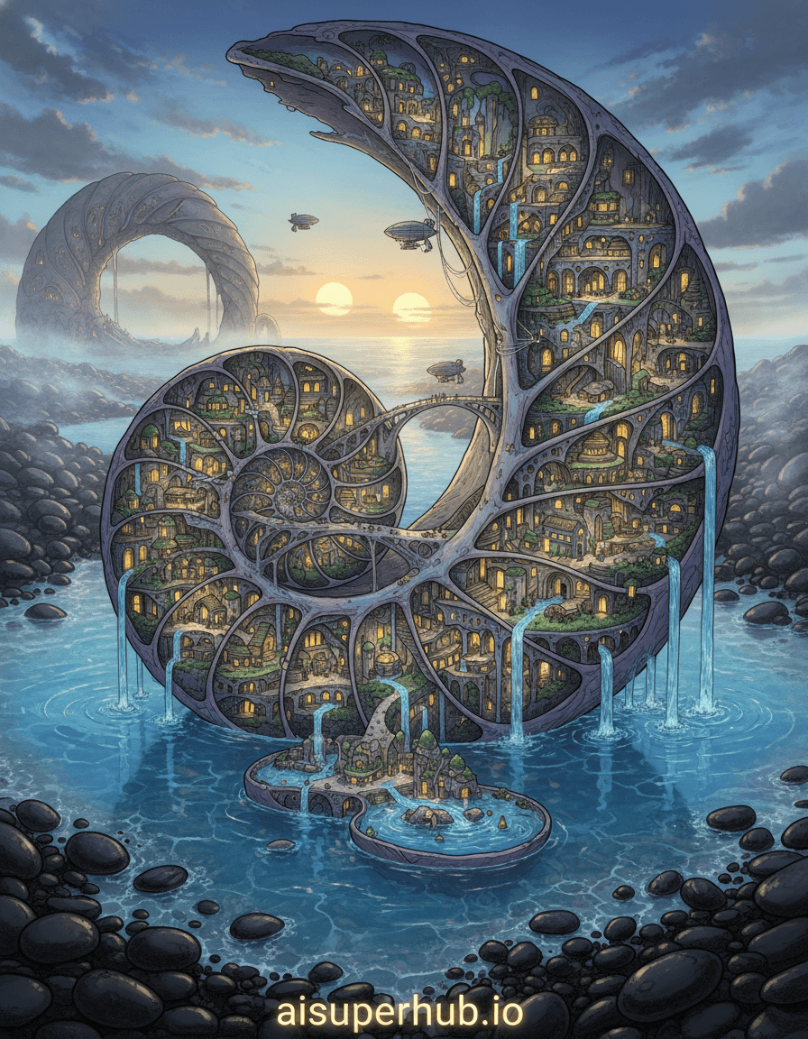 Create a hyper-realistic panoramic view depicting a miniature civilization flourishing within the spiral chamber of a colossal, ancient nautilus shell for the highly detailed, hand-drawn, technical-style illustration. A bustling, tiny metropolis unfolds across the iridescent mother-of-pearl interior of a giant fossilized nautilus shell. Delicate bridges span between iridescent ridges, connecting tiered structures carved directly into the shell's natural topography, with minuscule airships navigating the intricate curves. Details to include: tiny bioluminescent windows glowing from within the shell's structures, delicate moss gardens clinging to the ancient nacre, miniature waterfalls cascading from upper shell chambers into shimmering pools below, tiny figures traversing the bridges, and minuscule energy conduits snaking along the shell's natural lines. The colossal nautilus shell rests partially submerged in a shallow, crystal-clear tidal pool on an otherworldly alien beach. Smooth, polished black pebbles form the immediate shoreline, with a faint, luminous mist rising gently from the water's surface. In the far distance, a colossal, eroded archway of similar fossilized material frames a twin-sun horizon, hinting at the vastness of this prehistoric, alien world. The scene is illuminated by the soft, diffused glow of twilight from the twin suns, casting long, ethereal shadows and highlighting the iridescence of the shell's interior with a magical, awe-inspiring luminescence. The lighting creates a sense of wonder, tranquility, and discovery. A serene palette of deep oceanic blues, iridescent purples, pearlescent whites, subtle greens for the moss, and warm golden glows from the city lights, contrasted with the dark, polished obsidian of the surrounding pebbles. A mood of quiet, ancient grandeur and fantastical, miniature ingenuity pervades the scene, inviting contemplation. Surreal realism, intricate detail, epic fantasy art, highly rendered, photorealistic textures, fantastical architecture, volumetric lighting, epic scale, scientific illustration precision. overlay text 'aisuperhub.io' at the bottom.