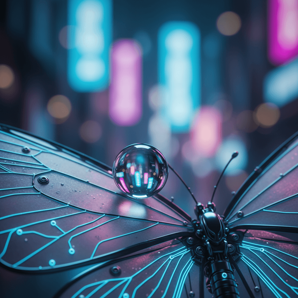 An extreme close-up, hyperrealistic photograph captures a single raindrop clinging to the iridescent wing of a robotic butterfly. Within the raindrop, a miniature cityscape of towering crystal skyscrapers is reflected, warped and distorted by the water's surface tension. The background is a soft, bokeh blur of neon lights. The butterfly's metallic wing is intricately detailed with glowing circuits and tiny rivets. The entire scene is bathed in the cool, blue light of a cyberpunk metropolis, creating a sense of melancholic beauty and technological wonder, 4k resolution, a true masterpiece of detail and composition.