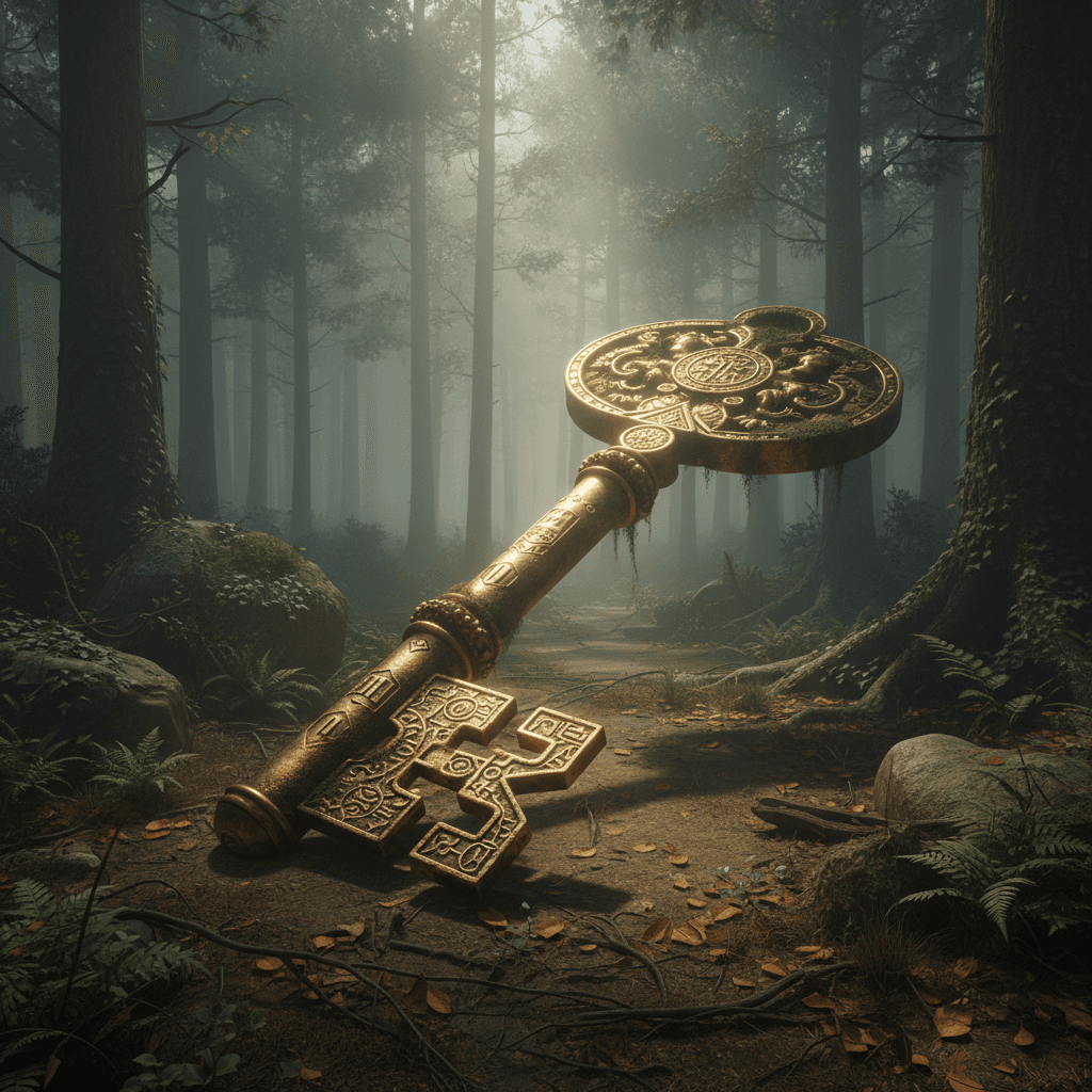 Cinematic still of a giant, ornate key made of pure gold lying half-buried in a misty, ancient forest. The key is intricately carved with symbols and patterns, and its surface is tarnished with age and moss. The surrounding forest is shrouded in a thick fog, creating an atmosphere of mystery and enchantment. The camera is positioned at a dutch angle, creating a sense of unease and disorientation. The scene is lit with soft, diffused light filtering through the trees, casting long, ethereal shadows. The color palette is dominated by cool greens and browns, with a touch of gold from the key. Hyperrealistic, hyperdetailed, 4k resolution, a true visually interesting masterpiece.