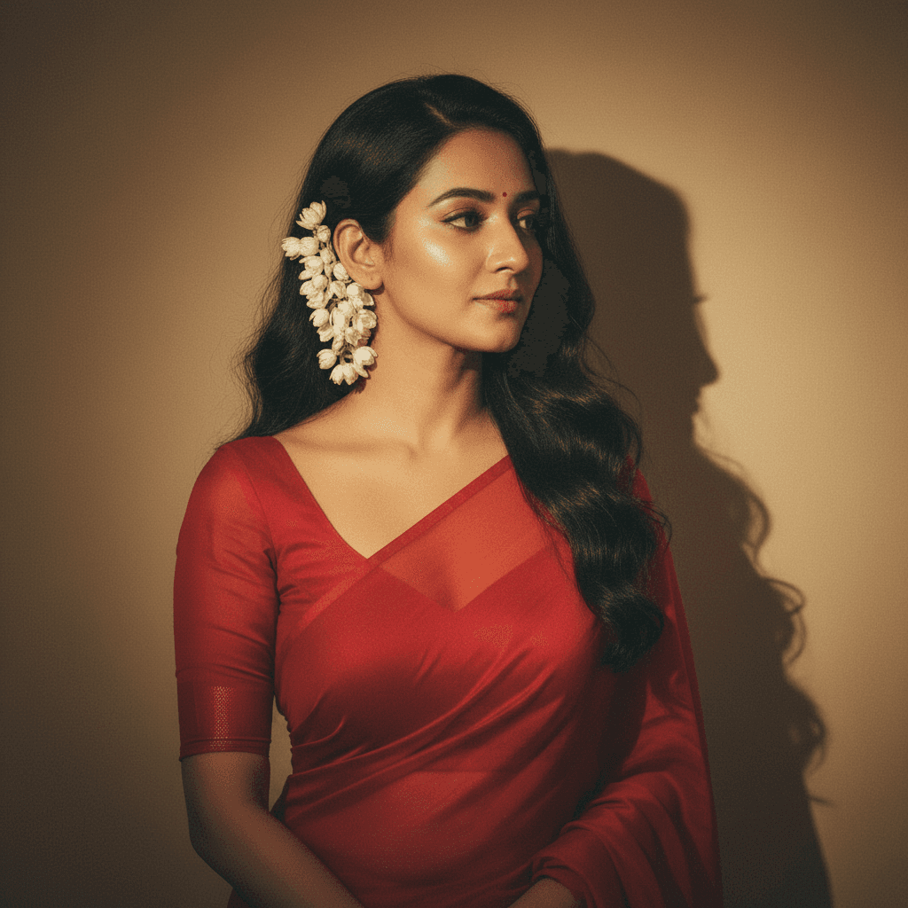 Make a gorgeous 4K HD portrait out of the uploaded picture. Long, black, wavy hair that falls over the subject's shoulders is ideal. She ought to be wearing a fitted blouse underneath a translucent, elegant red saree that is draped over one shoulder. Put some white flowers behind her right ear. She has a calm, gentle expression on her face and is looking slightly to her right. I would like her face to stay precisely as it is in the submitted photo, without any changes. A warm light source from the right should illuminate a plain, warm-toned wall in the background, casting a clear, soft-edged shadow of her hair and profile on the wall behind her. There should be an artsy and vintage vibe to the whole thing.