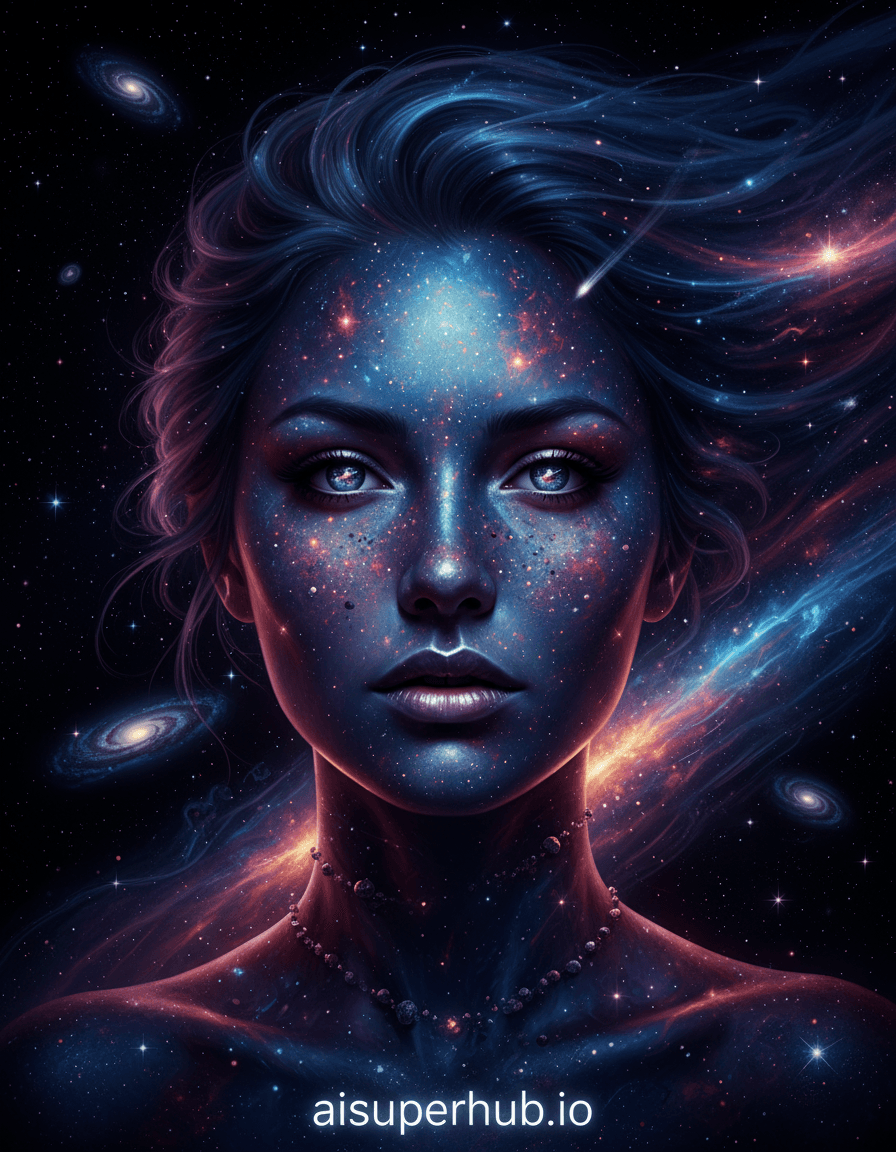 Create a hyper-realistic digital painting depicting a woman whose face is a vibrant, swirling galaxy, for the Creative portraits women. A close-up portrait of a woman, her skin transitioning seamlessly into a cosmic panorama of stars, nebulae, and dark matter. Her eyes are deep-space phenomena, holding distant constellations. Her hair flows like a cometary tail, ethereal and luminous. Details to include: Micro-galaxies within her irises; tiny, swirling stardust patterns forming freckles across her nose and cheeks; a faint, bioluminescent glow outlining her lips, suggesting distant supernovae; delicate, almost invisible asteroid belts forming subtle jewelry around her neck; an overlay text at the bottom 'aisuperhub.io'. The background is an infinite, inky black cosmos, dotted with countless pinpricks of light and distant, softly glowing galaxies. Wisps of interstellar gas in blues, purples, and deep reds drift gently behind her, emphasizing her cosmic nature without distracting from her face. There are no hard edges, only a continuous, expanding universe. Lit by the soft, ambient glow of a thousand distant suns and nebulae, casting an otherworldly luminescence on her cosmic skin. The lighting is ethereal and mysterious, evoking a sense of wonder and profound peace. A celestial palette of deep indigos, violet, sapphire blue, rich crimson, and shimmering gold, with accents of iridescent silver and starlight white. The mood is one of profound cosmic serenity and captivating, ethereal beauty, inspiring awe and contemplation. Hyper-realistic celestial portraiture, blending fantastical elements with photorealistic detail, dreamlike surrealism, digital art, ultra HD, incredibly intricate, otherworldly, visionary art.